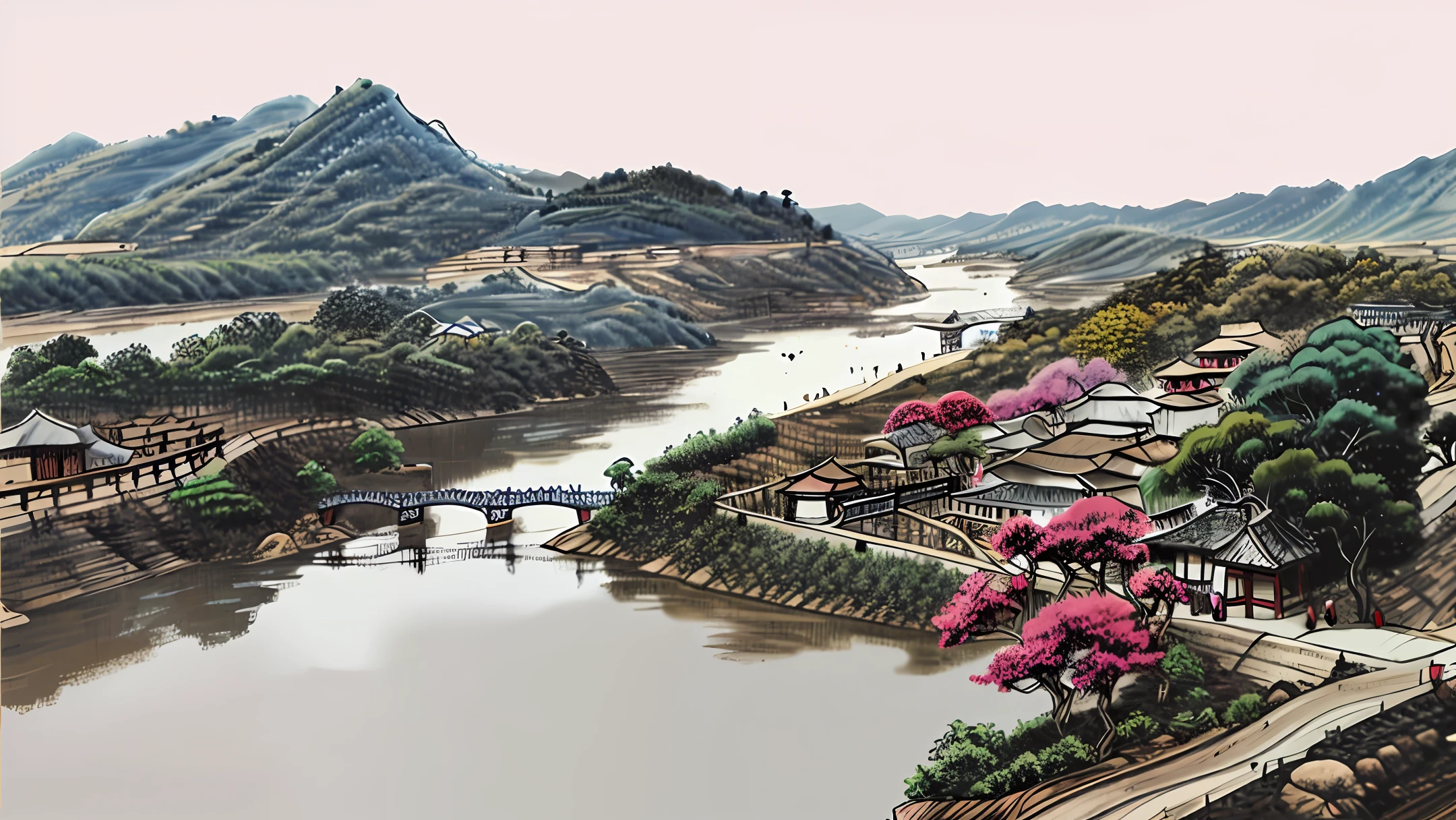 Draw a picture of Jiangnan water towns in Wu Guanzhong style, and be colorful