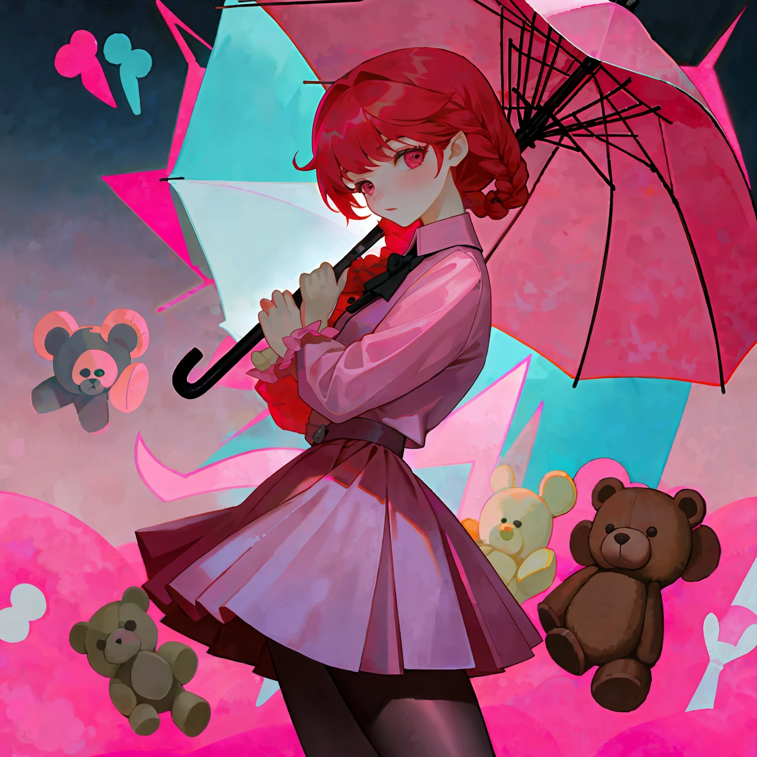 girl with one((umbrella)) and one ((((enchanted teddy bear)))), red hair with 2 braids on the sides,((pink clothes)), dark and menacing look, (skirt with skulls),(pantyhose) lighting around her body, posing, (highly detailed skin: 1.2), 8k uhd, dslr, soft lighting, high quality