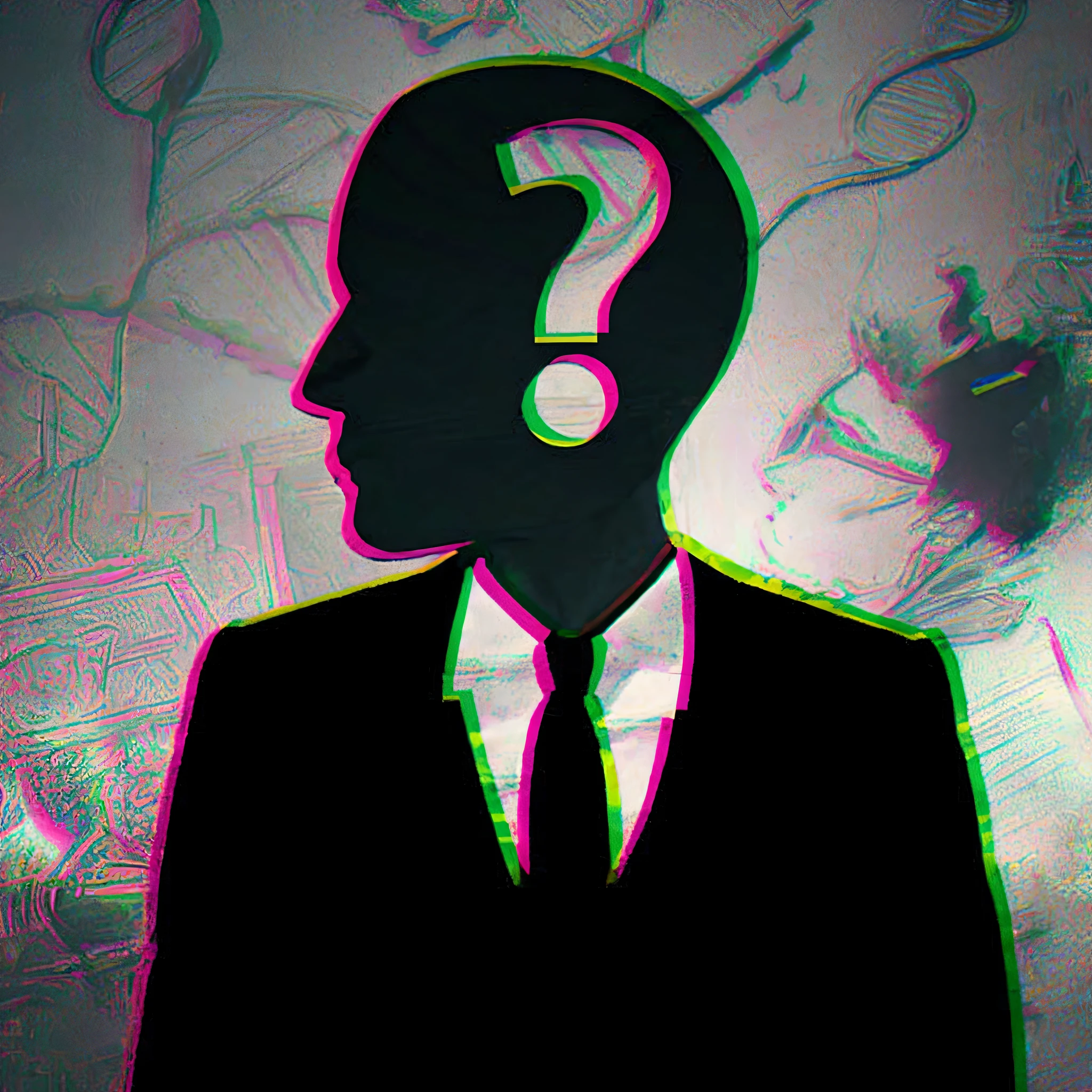 there is a man in a suit and tie with a question mark on his head, shadowy informant, stylized silhouette, mysterious man, eerie person silhouette, silhouette of a man, banal but mysterious, of an enigmatic mysterious man, anthropomorphic silhouette, mysterious figure, the encrypted metaverse, with slender --auto --s2