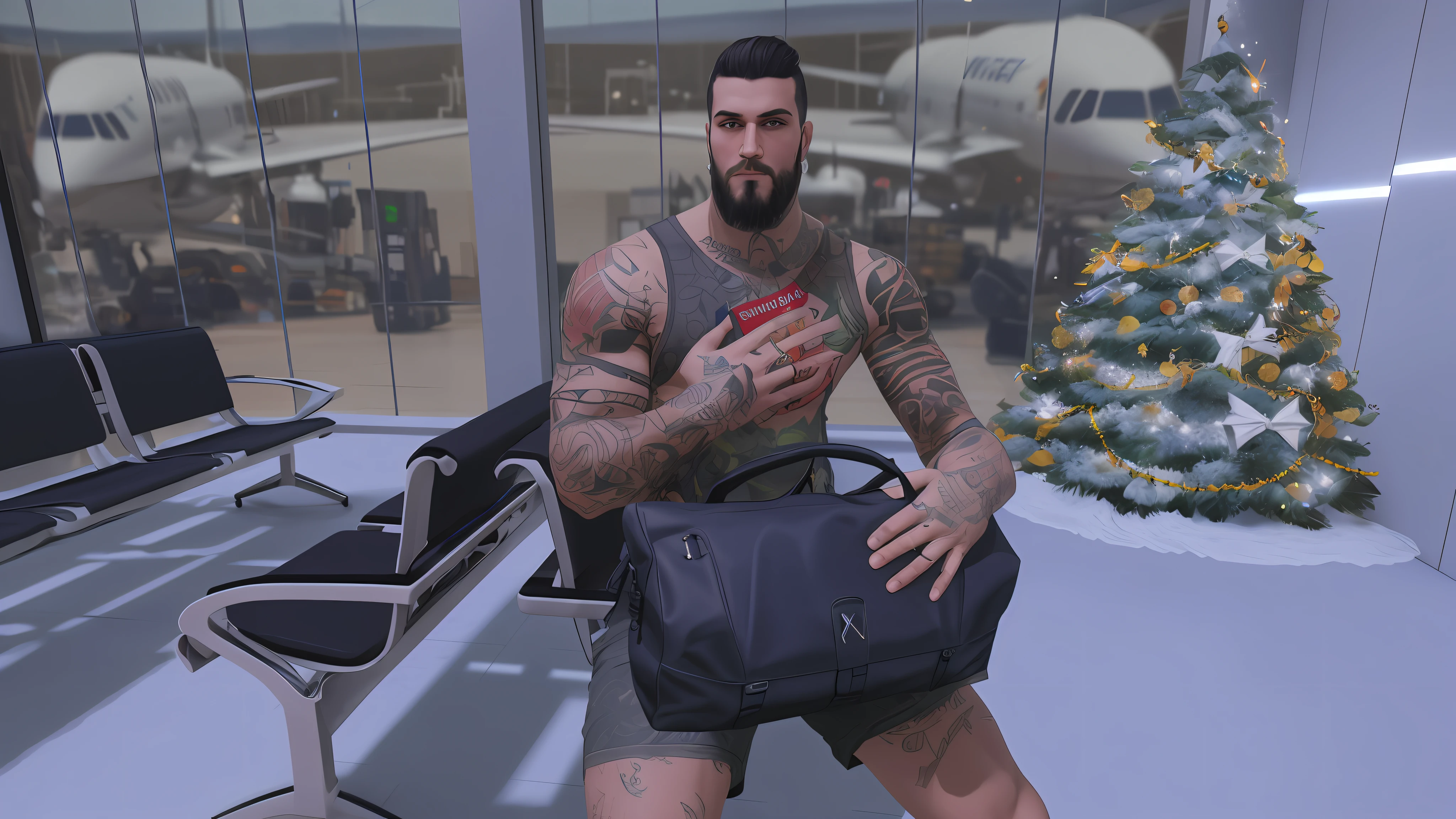 there is a man with tattoos holding a bag in a room, airport, technoviking male with no shirt, in suitcase, inspired by Viktor Oliva, (sfw) safe for work, ernest khalimov body, second life avatar, muscular! cyberpunk, heavy winter aesthetics, vacation photo, inspired by Volkan Baga, heavy looking, daz. detailed