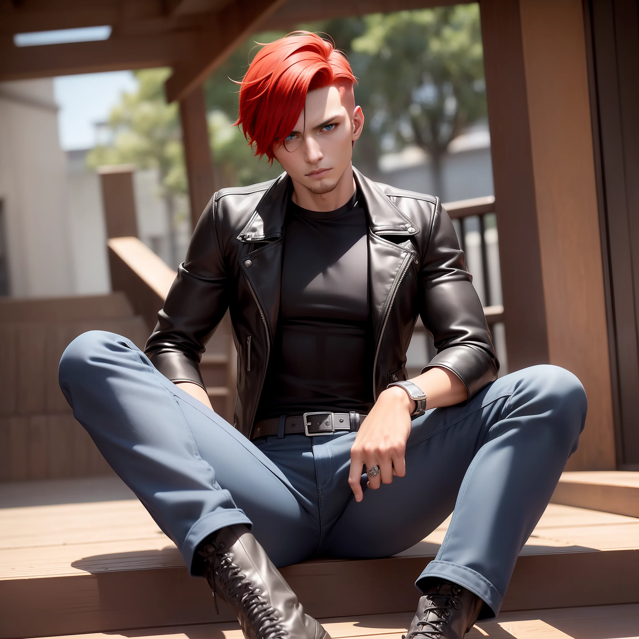(dramatic illumination, dynamic angle, intense color contrast), (a young man with styled red hair and blue eyes, tanned skin, stubble, wearing black leather jacket, dark grey t-shirt, black denim pants, black combat boots), (sexy smolder expression), (outdoors on wooden deck staircase)