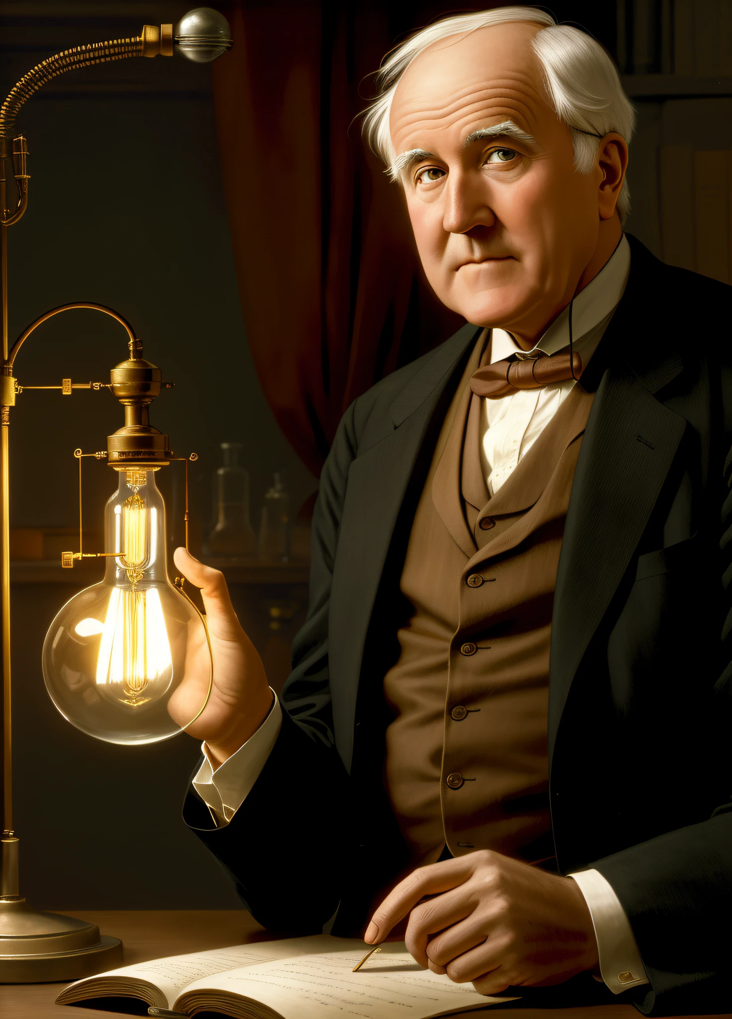 inventor of the lamp, Thomas Edison, Portrait, looking at the lighted lamp in his hand, five fingers on his hands, in the laboratory, confident look