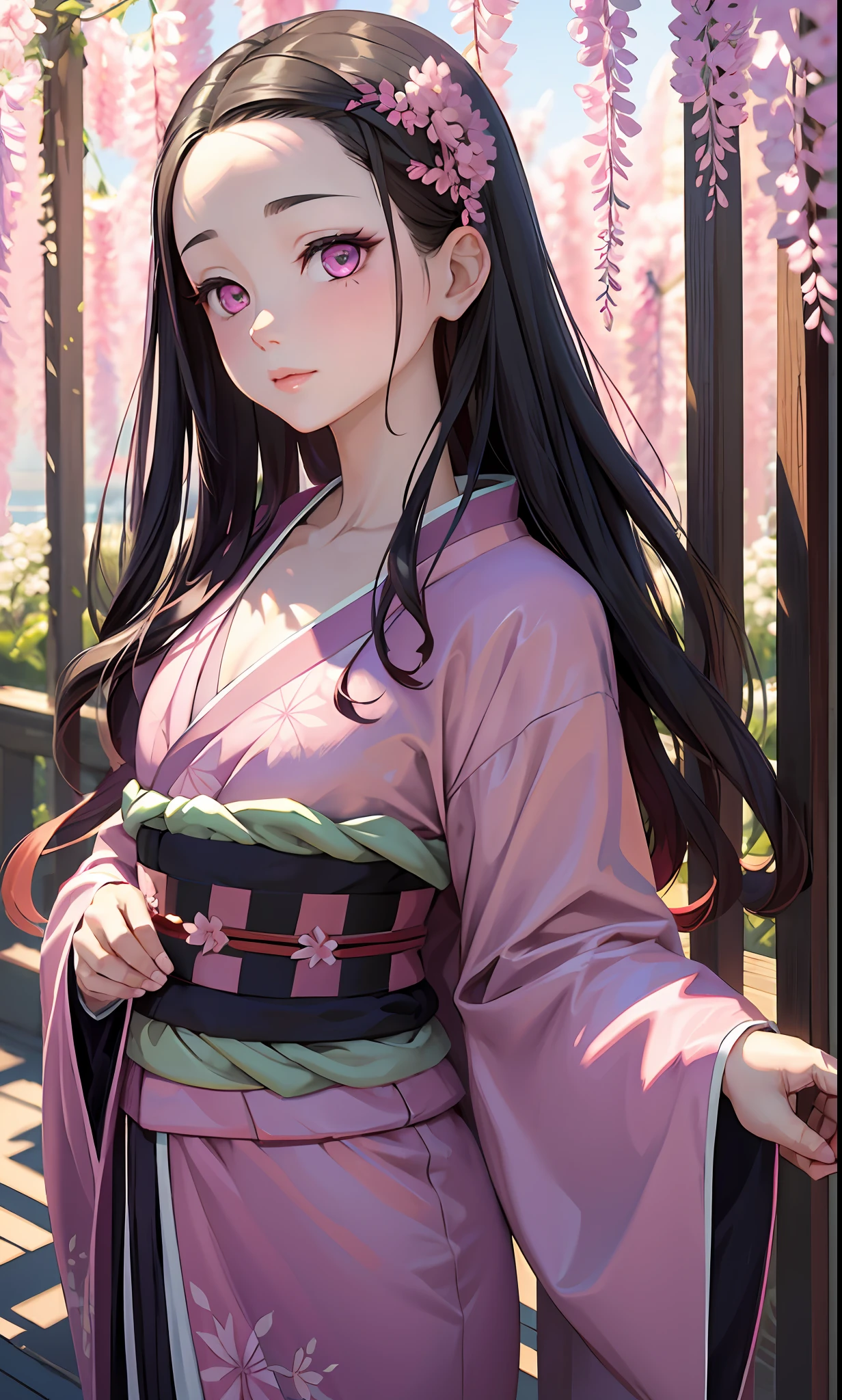 masterpiece, (pink kimono), seductive face, good lighting, décolleté, small details, masterpiece, glowing eyes, 1girl, black hair, on face, Nezuko Kamado, wisteria background, masterpiece, best quality, POV, erotica