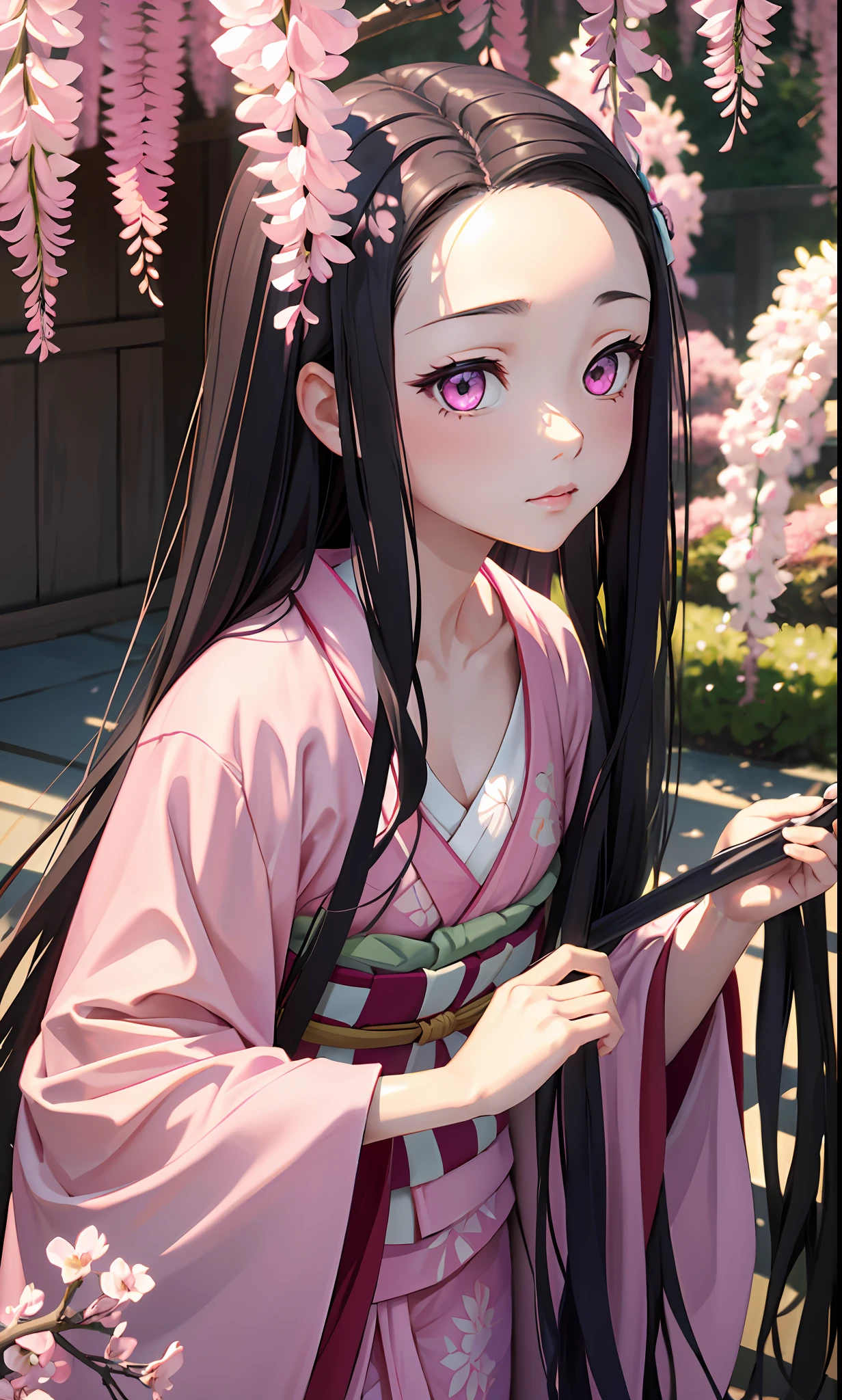 masterpiece, (pink kimono), seductive face, good lighting, décolleté, small details, masterpiece, glowing eyes, 1girl, black hair, on face, Nezuko Kamado, wisteria background, masterpiece, best quality, POV, erotica