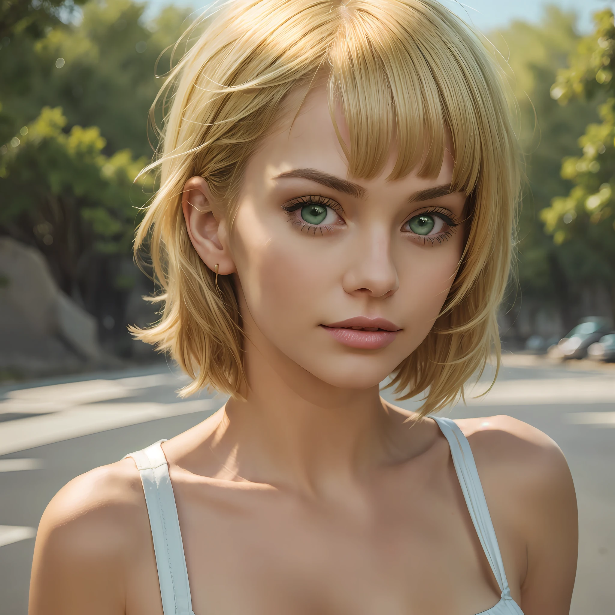 Draw a realistic woman, short blonde hair, green eyes, with bangs --auto --s2