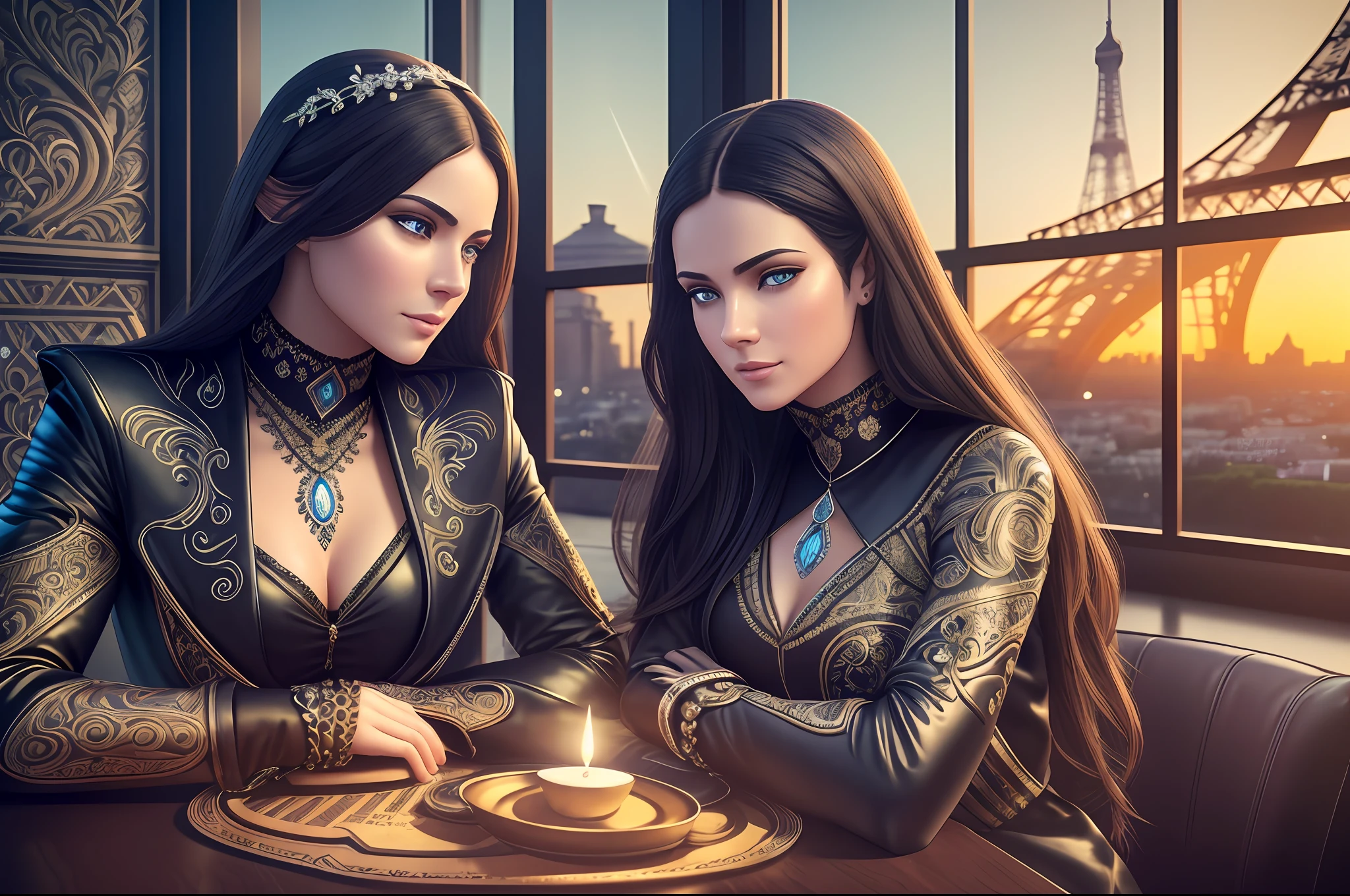 romantic cinematic scene, ultra realistic, middle-aged man and woman, sitting at a table of a bar in front of a panoramic window, overlooking the Eiffel Tower, Eiffel Tower, dining with candlelight, at the end of the day, fine dining, romantic atmosphere, in Paris, romantic, romantic environment, stunning picture, elegant atmosphere, romantic lighting, romantic couple, , perfect detailed faces, detailed symmetrical eyes with circular iris, realistic, stunning realistic photography, 3d rendering, octane rendering, intricately detailed, cinematic, trend in artstation, isometric, hypereallistic cover photo centered, full color impressive, hand drawn, dark, gritty, mucha, klimt, erte 12k, high definition, cinematic, neoprene, behance contest winner, portrait presented on unsplash, stylized, smooth, ultra high definition, 8k, unreal engine 5, ultra sharp focus, intricate, sinister, epic masterpiece of art, TanvirTamim, trend at artstation, by artgerm, H. R. Giger and Beksinski, highly detailed, vibrant --auto --s2