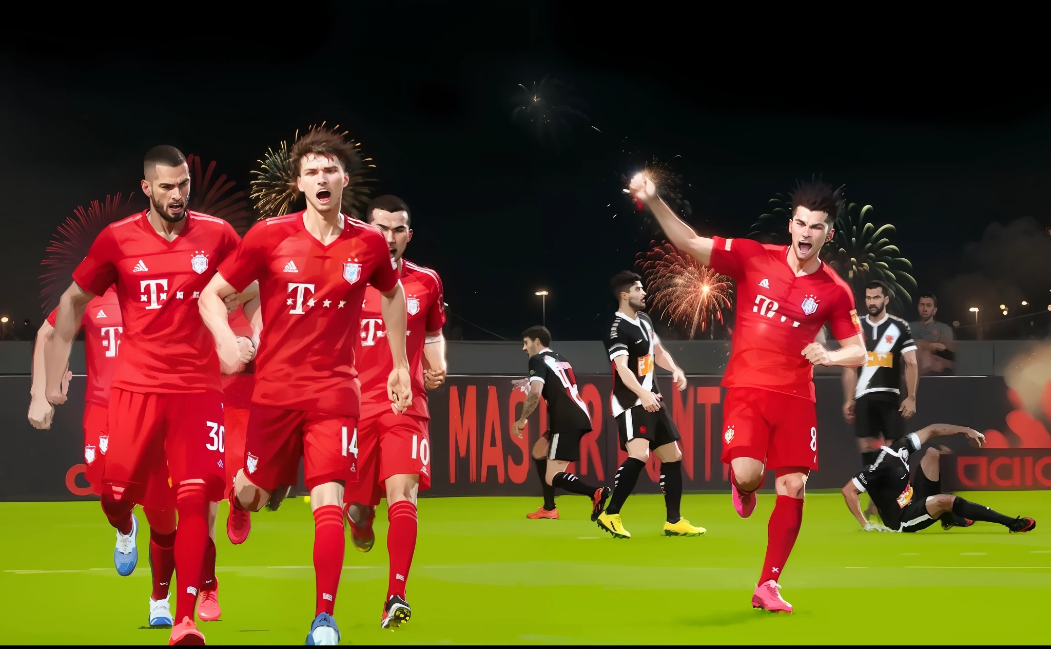 bANDEIRAS VERMELHRAS, WITH FIREWORKS OF CELEBRATION, IN THE ATMOSPHERE OF THE SOCCER SOCCER FINAL --auto --s2