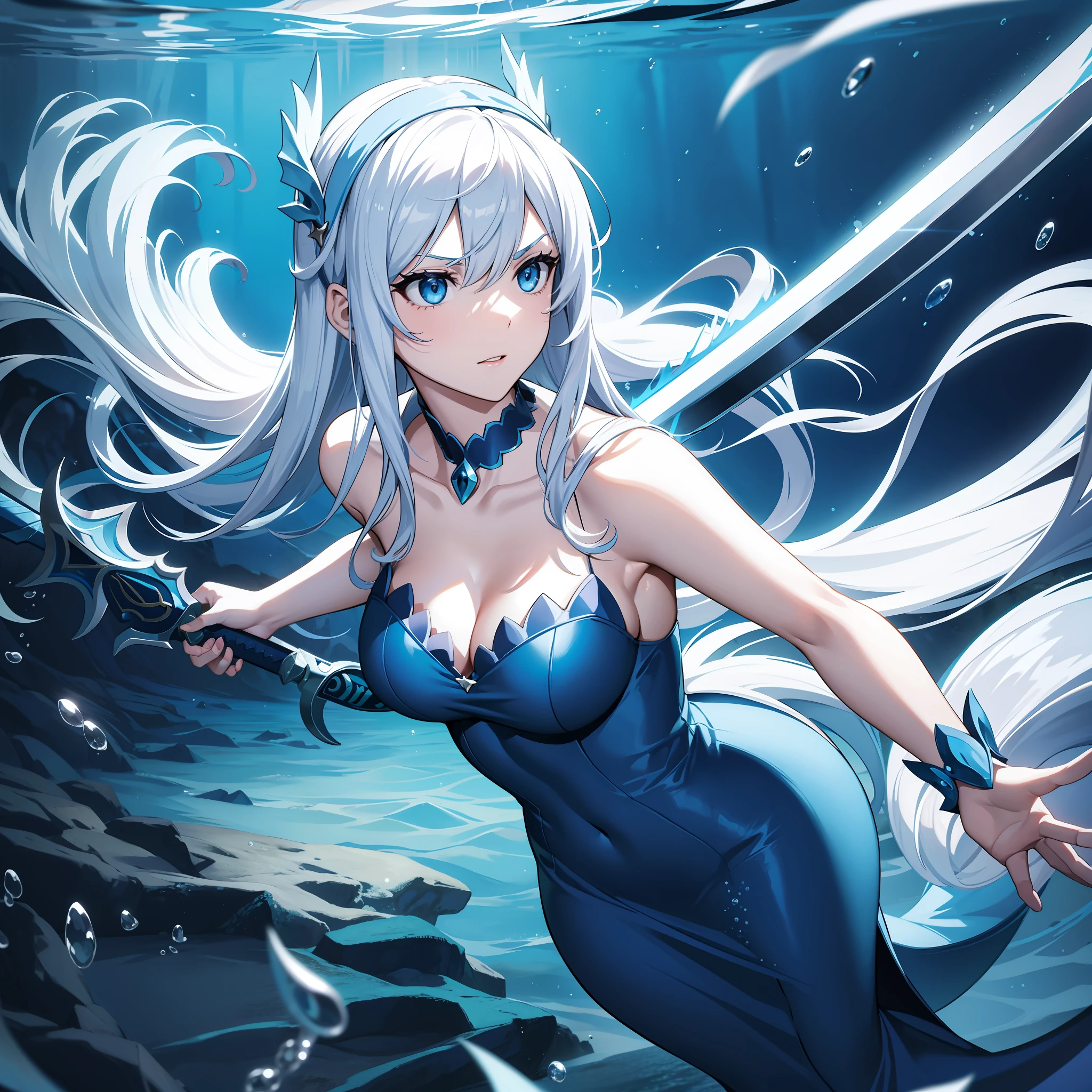 Adult Women, long white hair, wearing a mermaid headband, blue dress, holding a dual sword, attack mode Under the sea background, glare