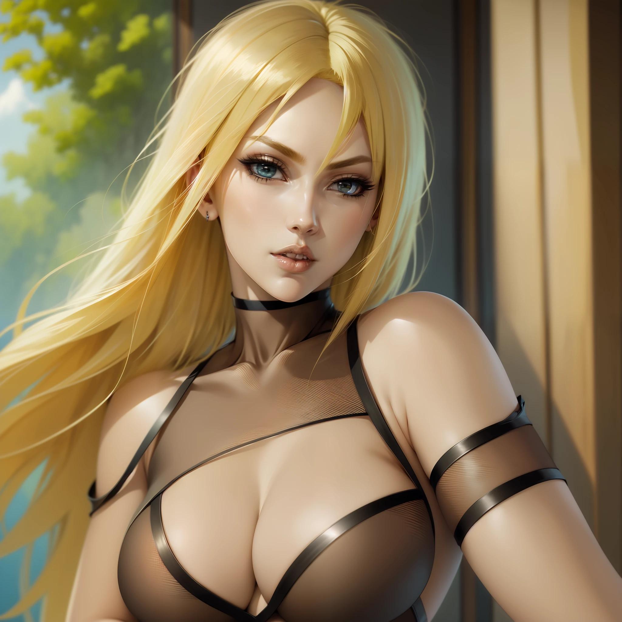 Samui gorgeous tall blonde hair eyes attractemte best quality anime suoer realistic and well detailed