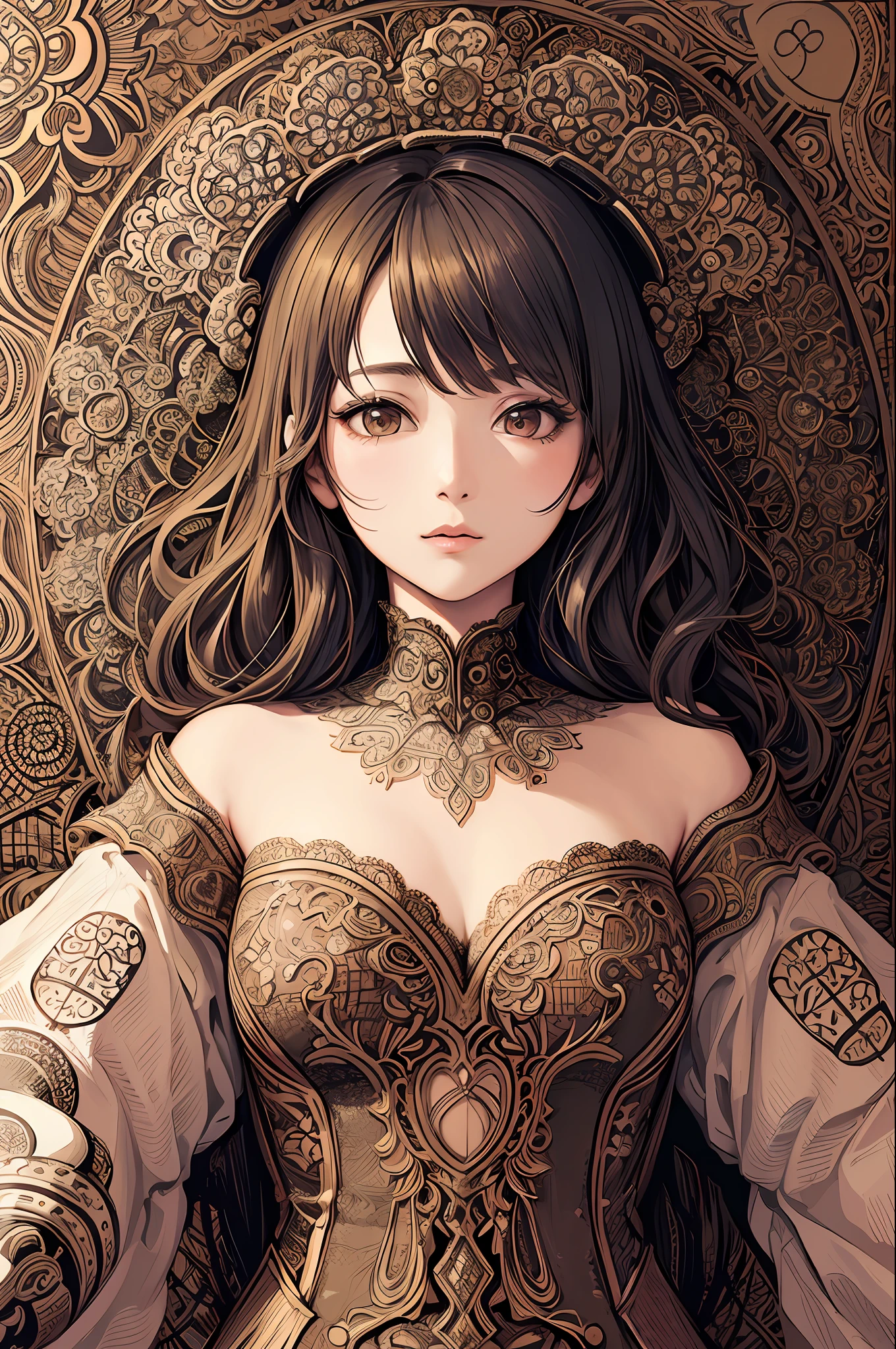 (masterpiece, top quality, best quality, official art, beautiful and aesthetic: 1.2), (1girl: 1.3), very detailed, (fractal art: 1.1), (color: 1.1) (flowers: 1.3), (by Yuko Higuchi:1.4), Higuchi Yuko,(by Yoh:1.2),(lineart),line drawing,pen drawing,zentangle,(tattoo pattern:1.2),(Intricate lines),(masterpiece),(best quality:1.1), (ultra-detailed),best illustration,finely detail,hand drawn high quality,High contrast,(clean lines:1.3),ligne claire,(Portrait),(extremely close-up:1.1),1 girl,solo,A girl is surrounded by red mushrooms,(Intricate details:1.3),(detailed background:1.2),(colored background:1.1),sketch,Intricate details,High Resolution