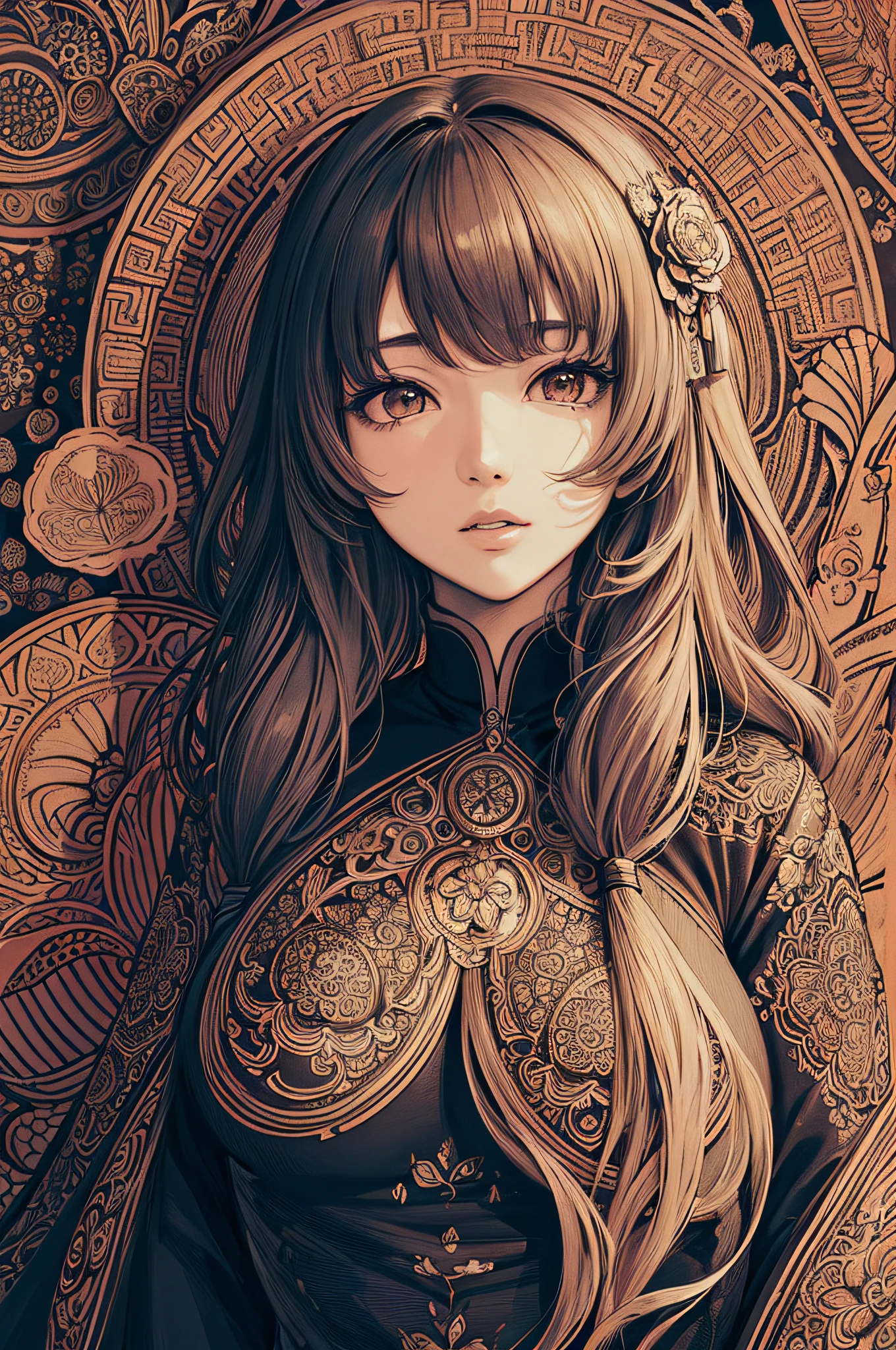 (masterpiece, top quality, best quality, official art, beautiful and aesthetic: 1.2), (1girl: 1.3), very detailed, (fractal art: 1.1), (color: 1.1) (flowers: 1.3), (by Yuko Higuchi:1.4), Higuchi Yuko,(by Yoh:1.2),(lineart),line drawing,pen drawing,zentangle,(tattoo pattern:1.2),(Intricate lines),(masterpiece),(best quality:1.1), (ultra-detailed),best illustration,finely detail,hand drawn high quality,High contrast,(clean lines:1.3),ligne claire,(Portrait),(extremely close-up:1.1),1 girl,solo,A girl is surrounded by red mushrooms,(Intricate details:1.3),(detailed background:1.2),(colored background:1.1),sketch,Intricate details,High Resolution