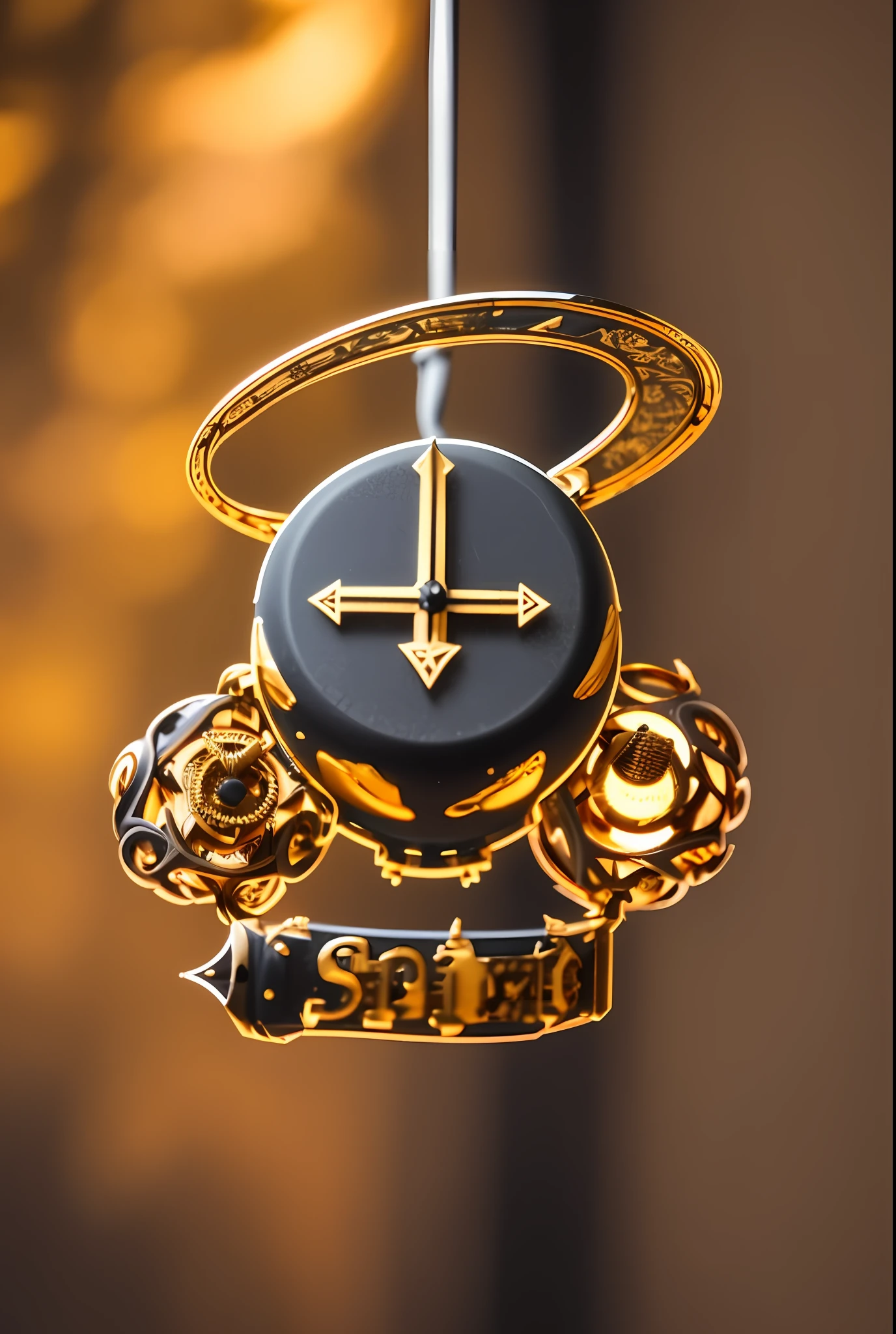 there is a clock with a gold decoration on it, close up shot of an amulet, cyberpunk ornaments, gold and black metal, ultra detailed symbolism, rendered in keyshot, golden steampunk, by Mathias Kollros, shot on sony a 7, orrery, by Jens Søndergaard, highly detailed product photo, sci - fi jewellery