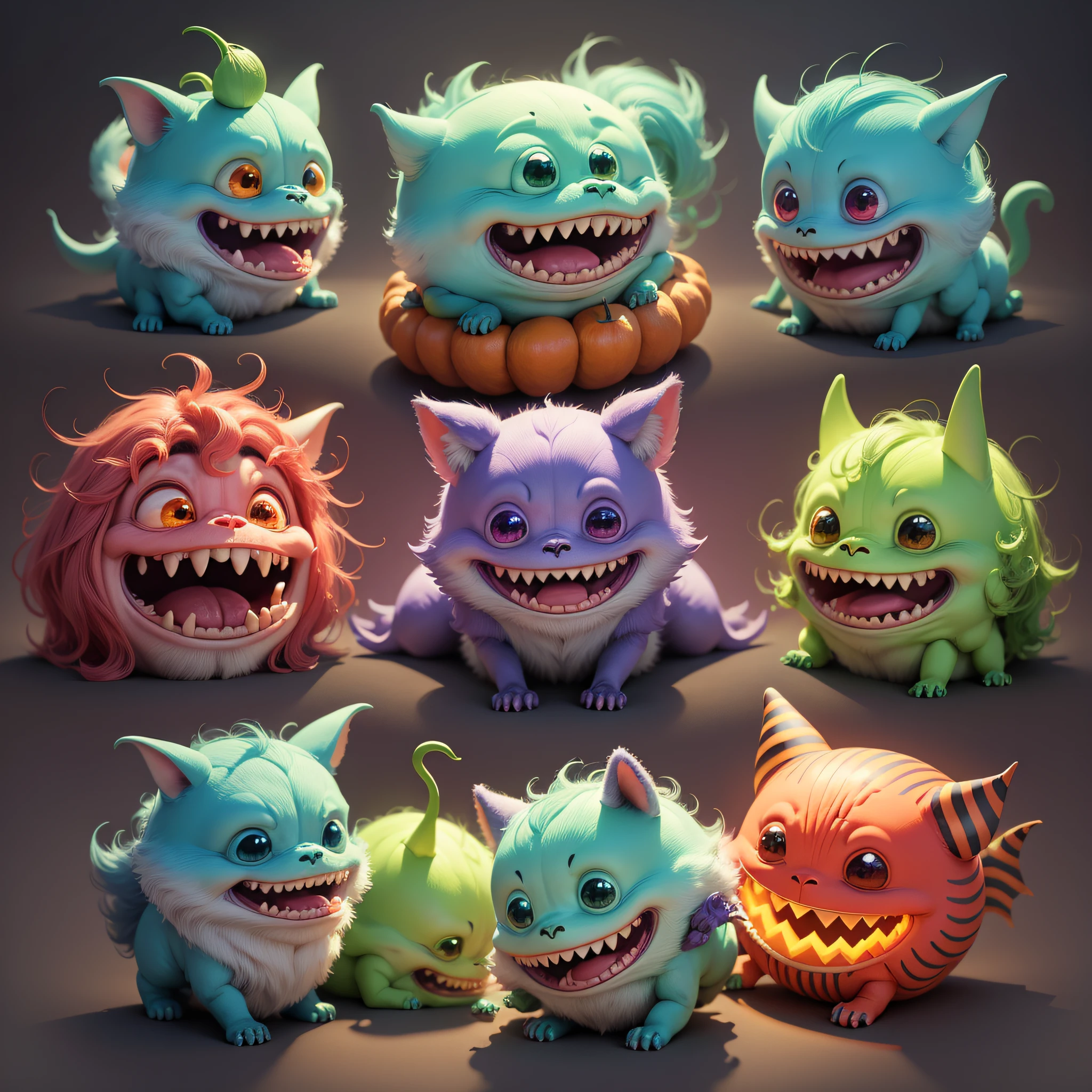 "Cute Monsters": A cute and whimsical illustration featuring friendly monsters in vibrant colors, with silly expressions and playful interactions, ideal for a light-hearted and ???-friendly Halloween, Ultra realism, color field printing, high detail, UHD, 8k, anatomically correct, cinematic lighting 4d quality --auto --s2