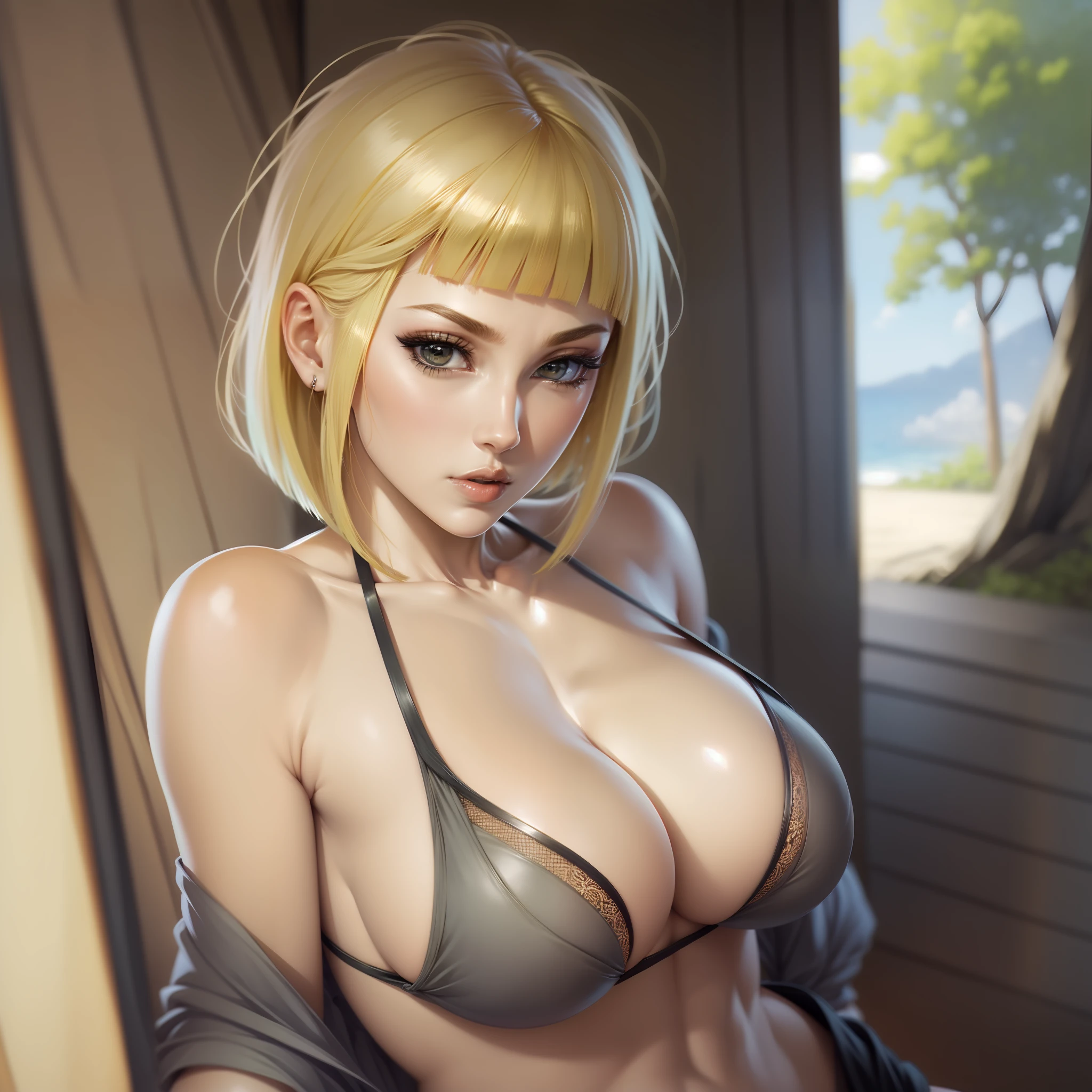 Samui beautiful tall short hair blonde eyes attract best quality anime suoer realistic and well detailed