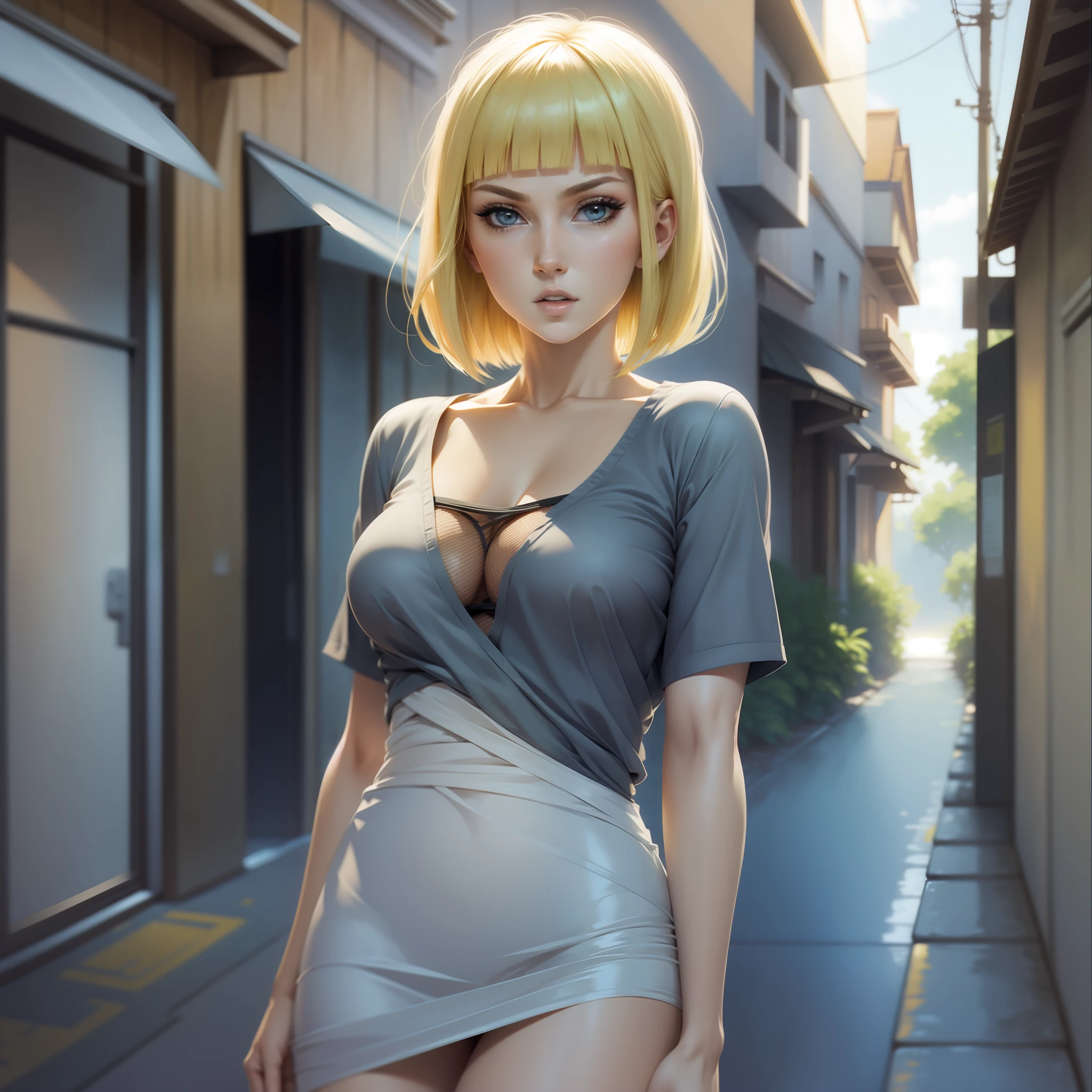 Samui beautiful tall short hair blonde eyes attract best quality anime suoer realistic and well detailed