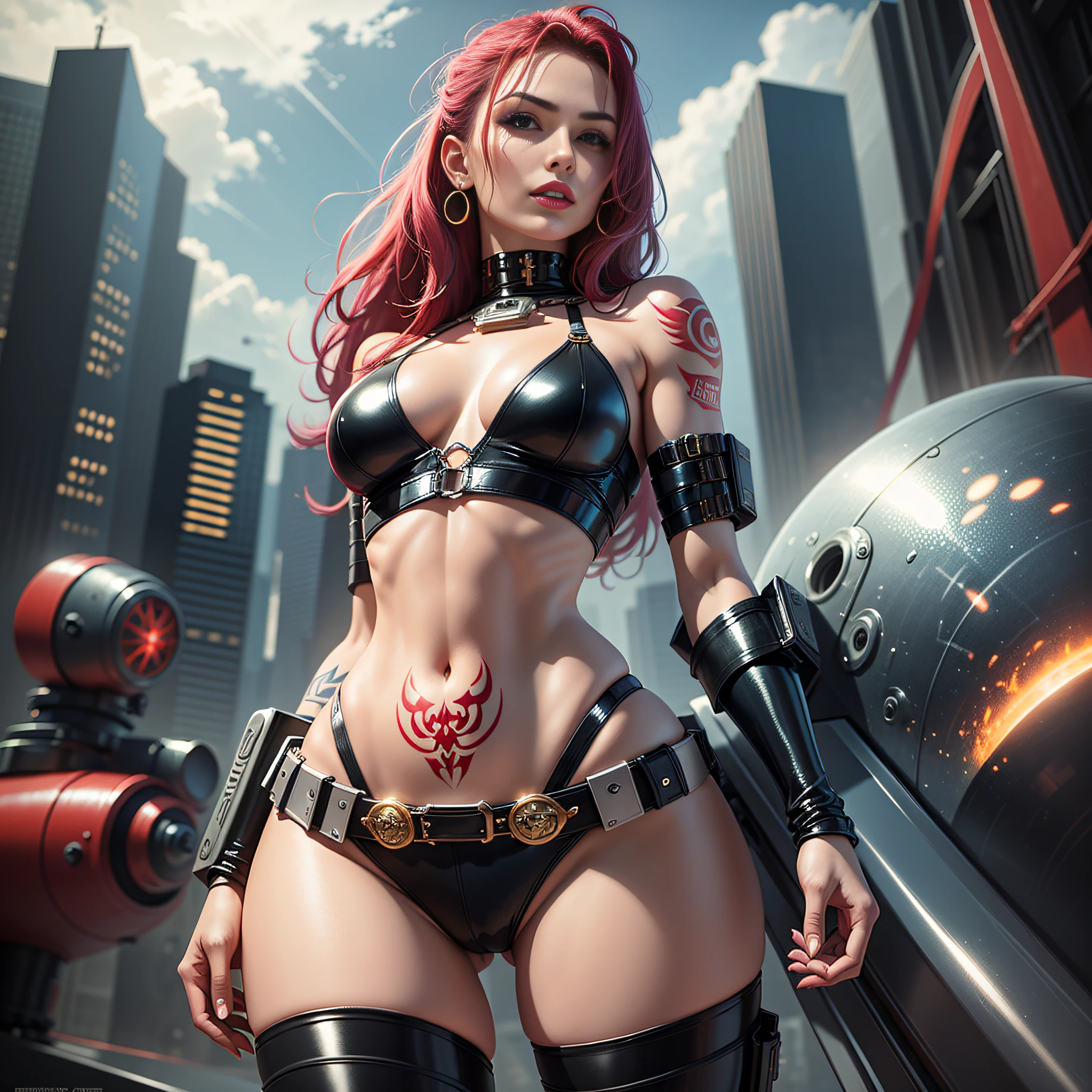 Space mercenary warrior, unparalleled beauty, sexy limbs, exquisite proportions, slim, super super bikini, latex, glittering outfit, perfect limbs, young woman, beautiful tattoo, red lips, bondage style, beautiful tattoos are all over the body