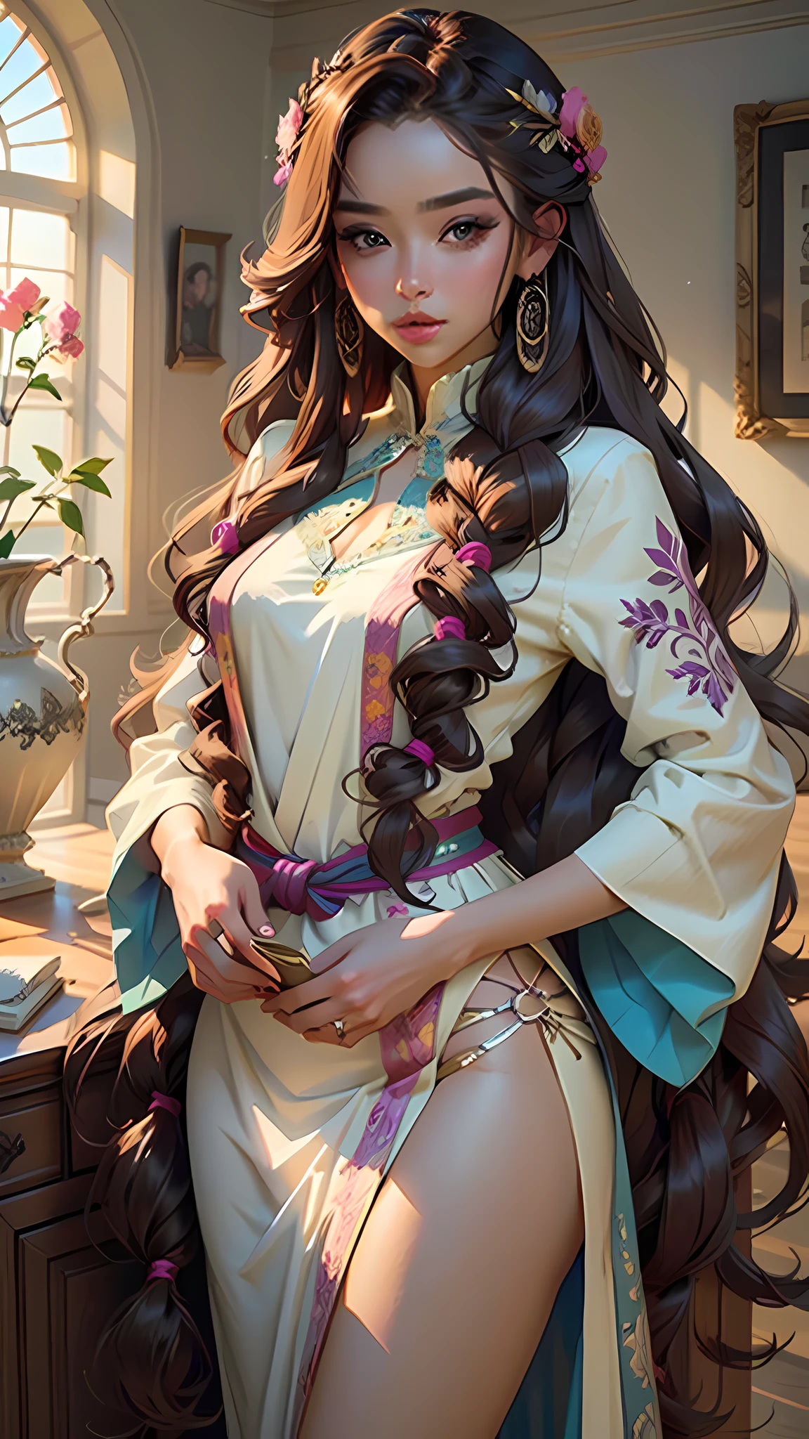 Beautiful woman, long colorful hair, aesthetics, intricate clothes