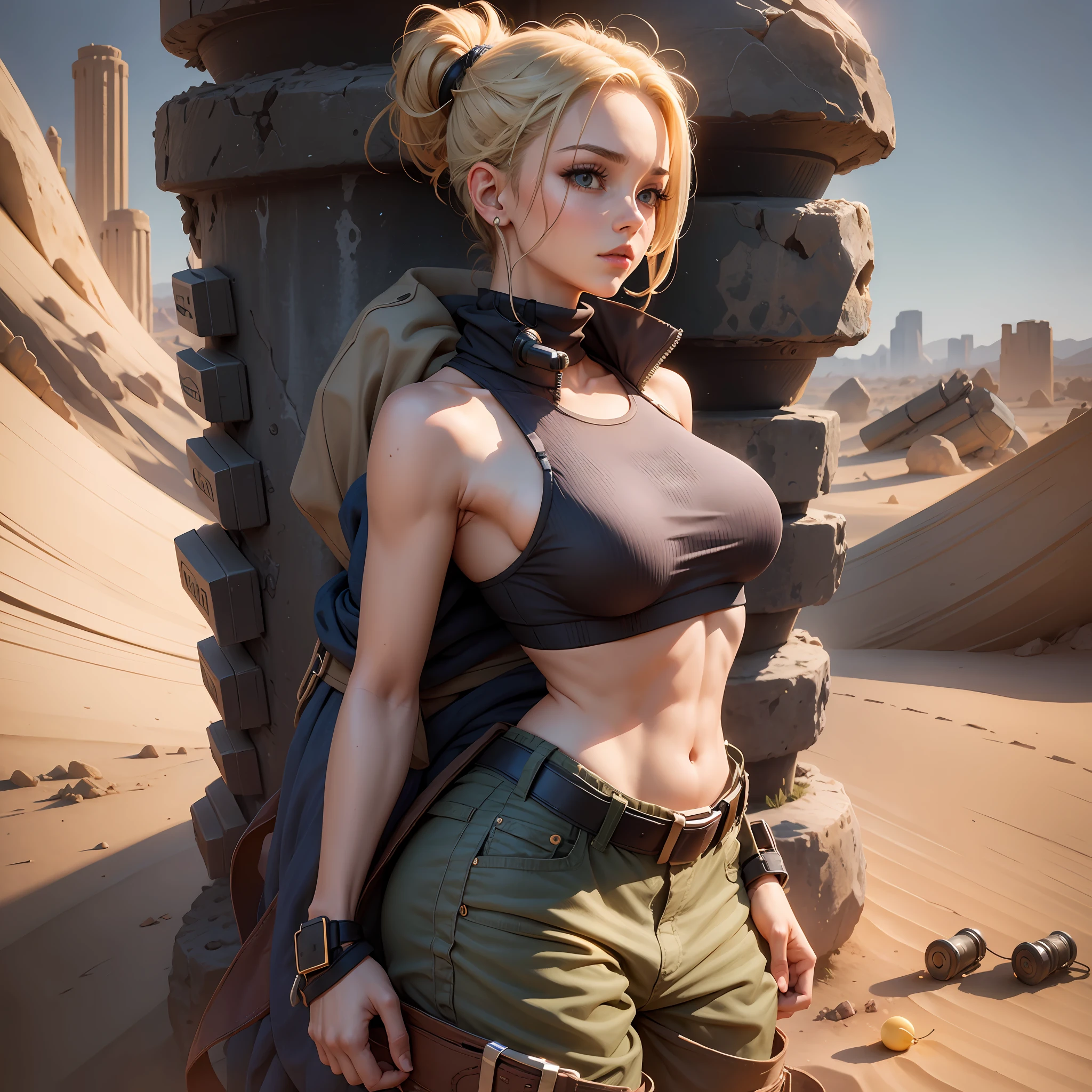 Woman, bra, ballistic vest, tactical pants, desert, earphone, shemag, big ass, small breasts,, blonde, hair tied