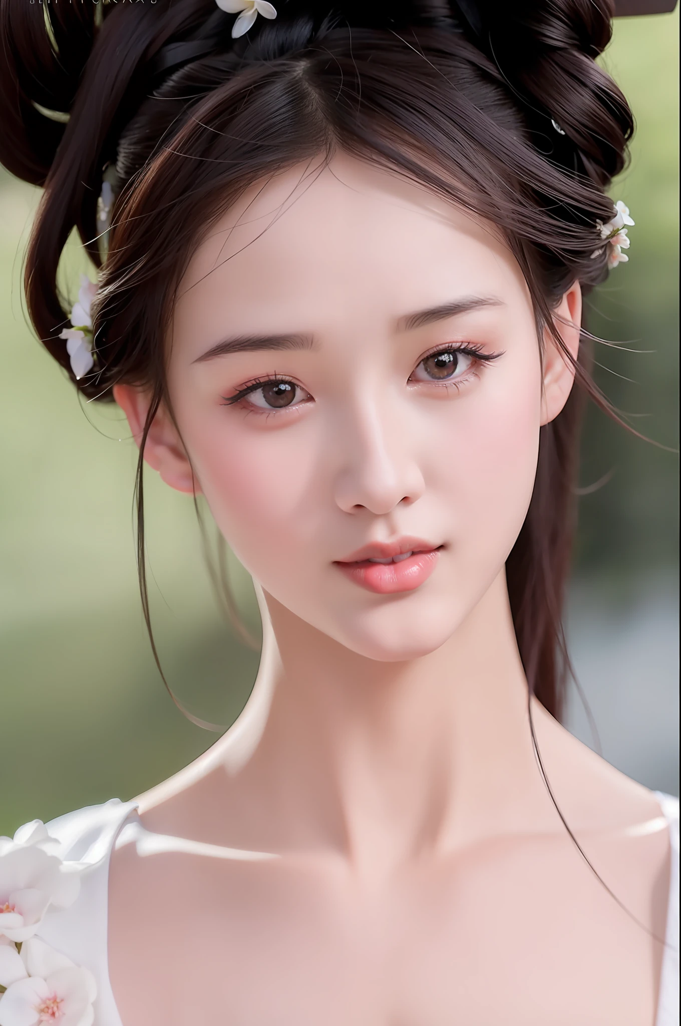 arafed asian woman with a flower in her hair, realistic. cheng yi, lovely delicate face, beautiful delicate face, beautiful aesthetic face, beautiful realistic face, realistic beautiful face, photorealistic beautiful face, dilraba dilmurat, feminine beautiful face, beautiful south korean woman, chinese girl, gorgeous face portrait, artwork in the style of guweiz