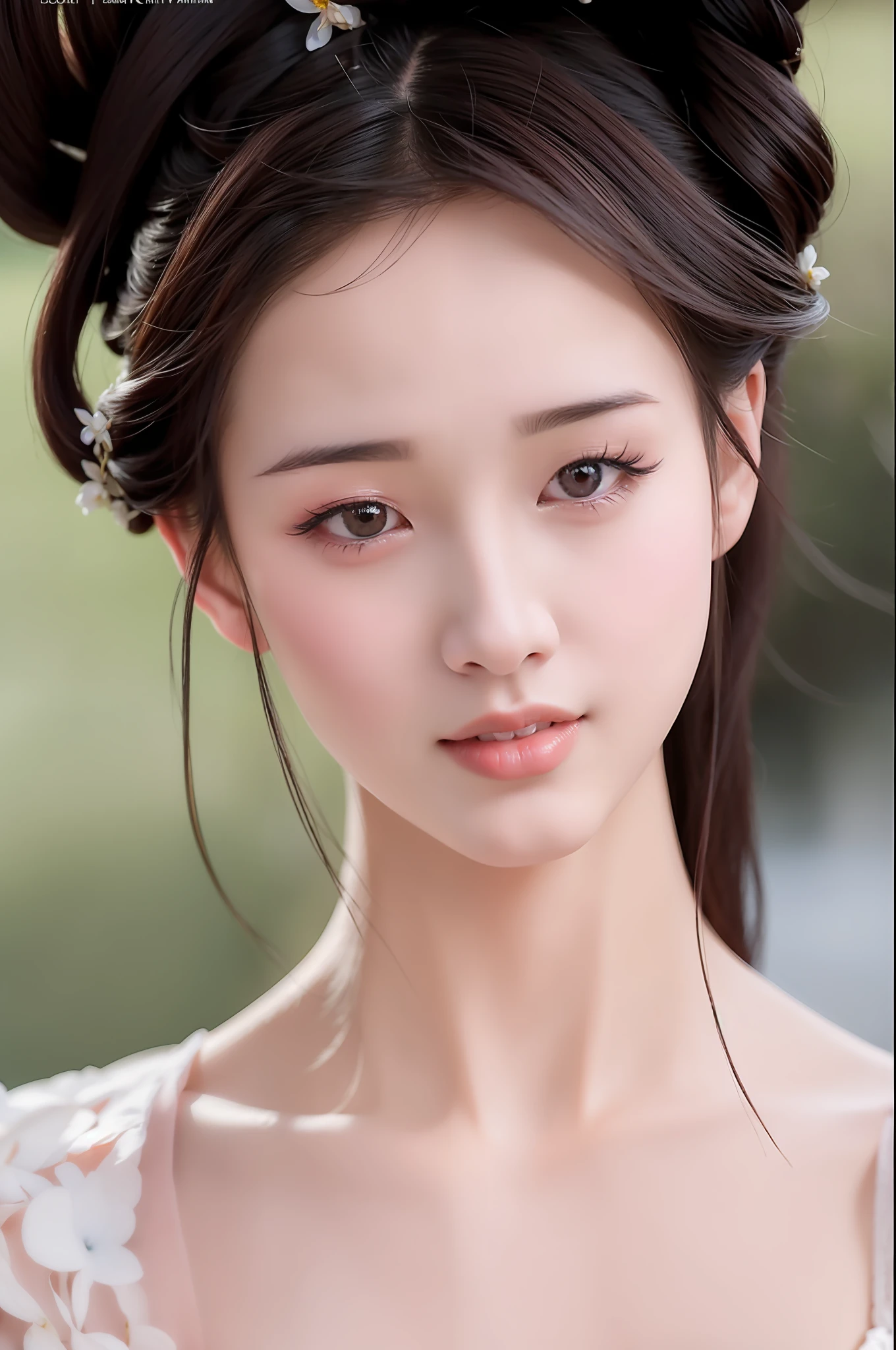 arafed asian woman with a flower in her hair, realistic. cheng yi, lovely delicate face, beautiful delicate face, beautiful aesthetic face, beautiful realistic face, realistic beautiful face, photorealistic beautiful face, dilraba dilmurat, feminine beautiful face, beautiful south korean woman, chinese girl, gorgeous face portrait, artwork in the style of guweiz