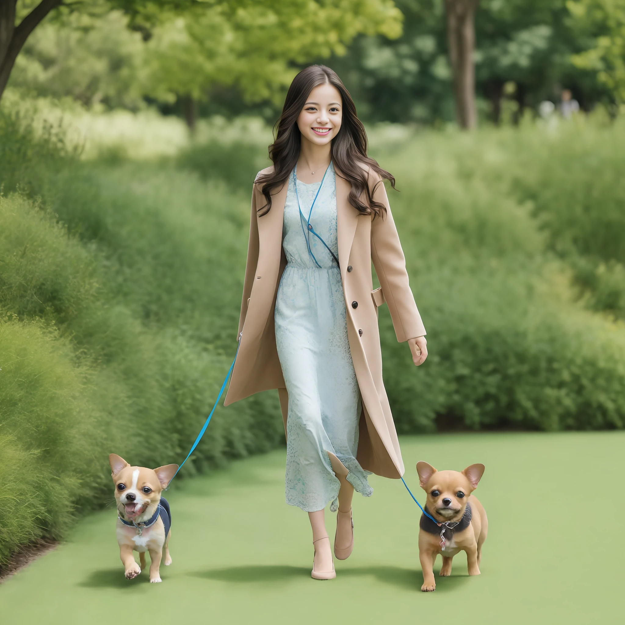 (masterpiece, high resolution, realistic, 8K:1.2), extremely detaild texture, looking at chihuahua
break
(1 girl, full body: 1.5), Japanese, very beautiful girl, 18 years old, wide shot,
break
Charleston dress, black hair, medium hair, angelic smile, mouth open, A girl is walking her cute puppy Chihuahua on a leash.
break
(a long coat Chihuahua of brown puppy dog:1.2), very adorable face, Beautiful appearance with well-defined body parts
break
 natural light, Beautiful park with vast lawn, sunshine, daytime, blue sky