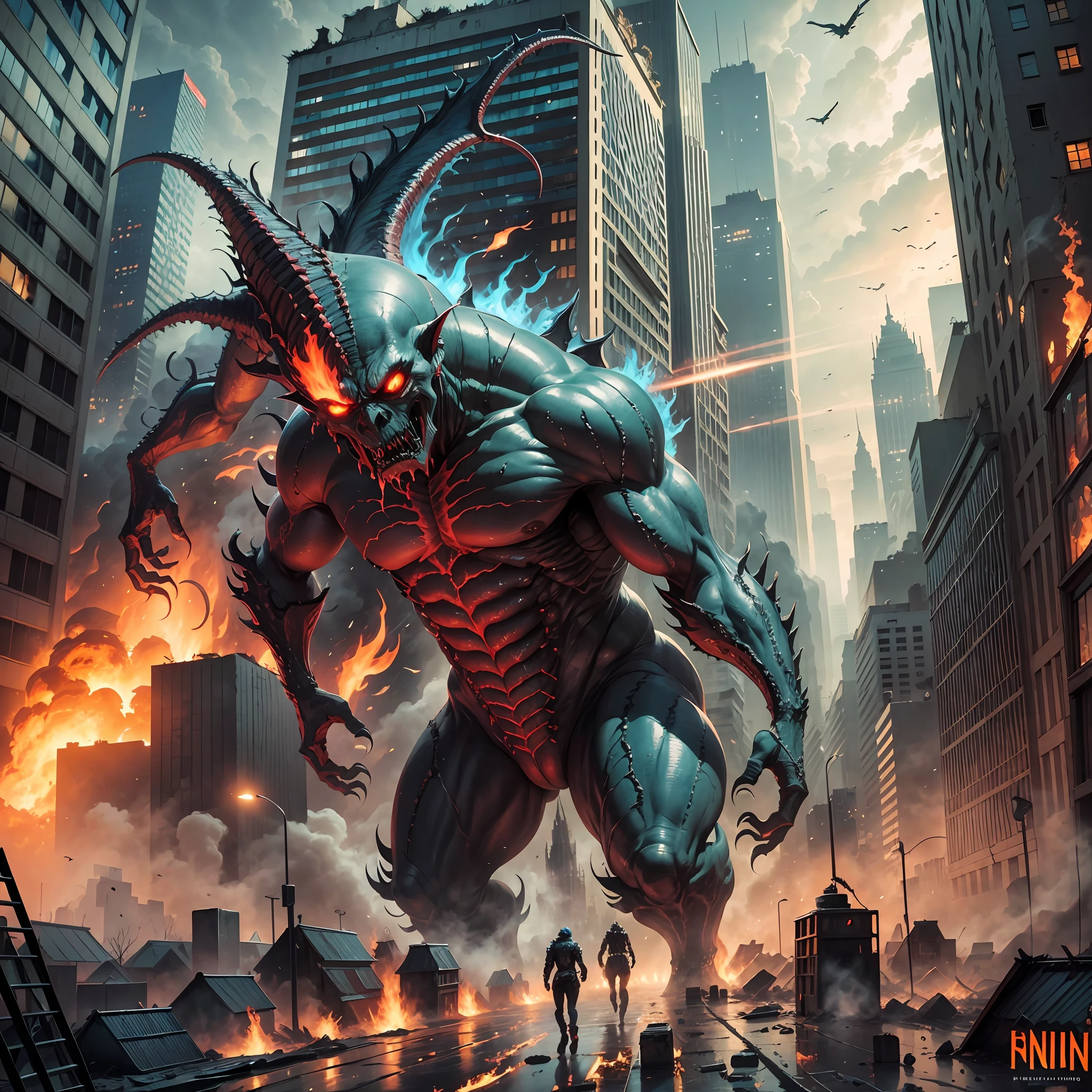 Monsters, destruction, burning city, detailed art, cinematic lighting, hyper-realistic, wounded people, panic, terror, people fleeing, demons flying, alien centipede, insane monsters, collapsing buildings. --auto --s2