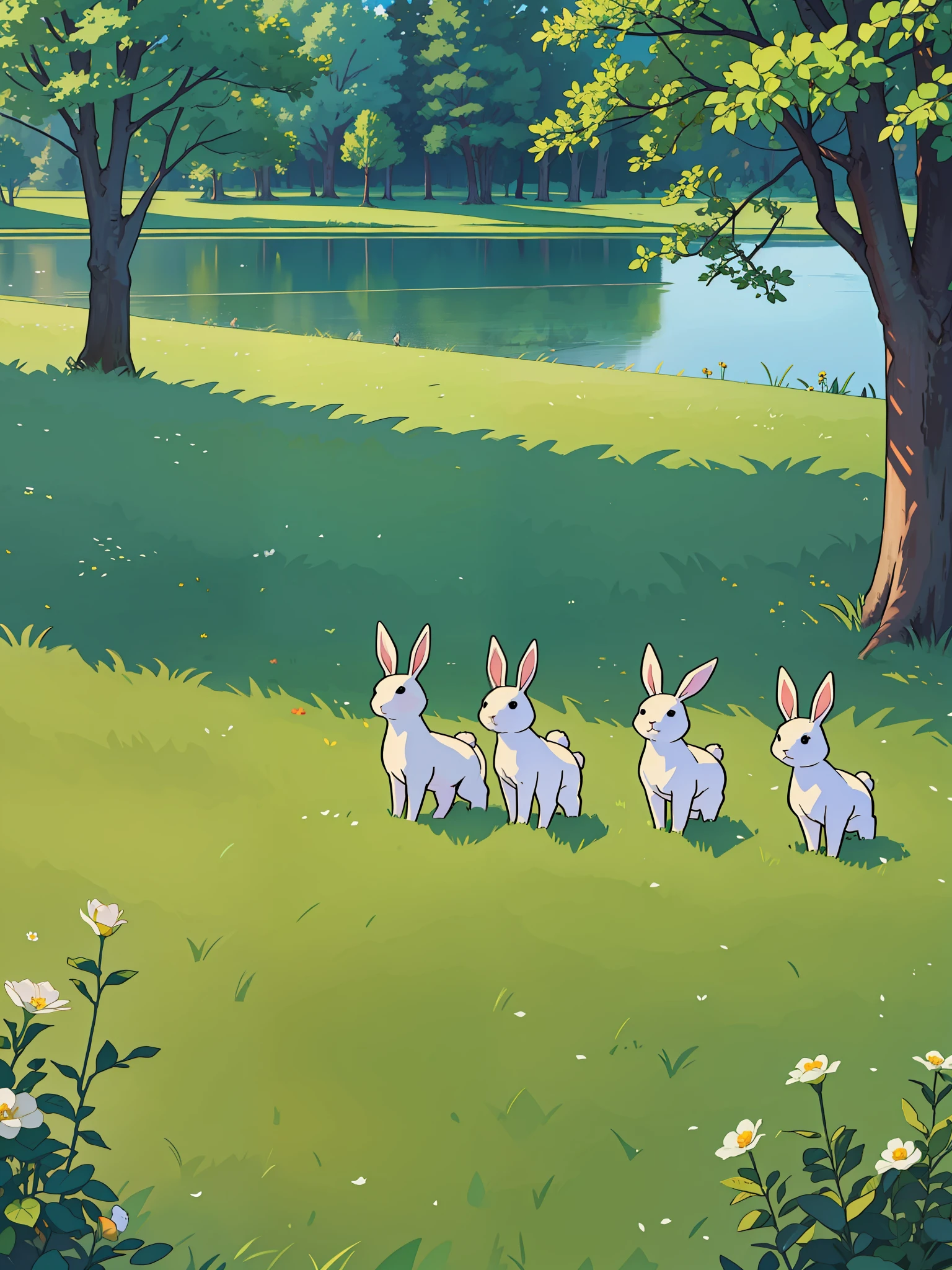 5 Rabbits, in an open field, full of trees, and a lake in the center, full of flowers, bouncing around, cute and exciting portrait, anatomy correction, (best quality) (8k) (best rendering) (masterpiece)