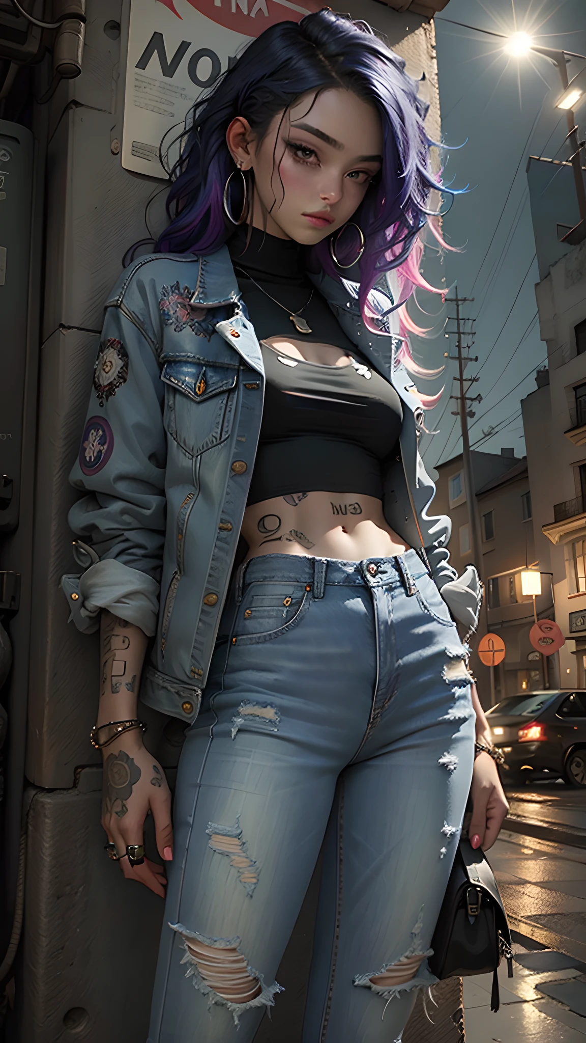 (masterpiece, best quality), 1girl, emo, beautiful hair, colorful hair, intricate jacket, jeans, magical tattoos, perfect night, moonlight, street