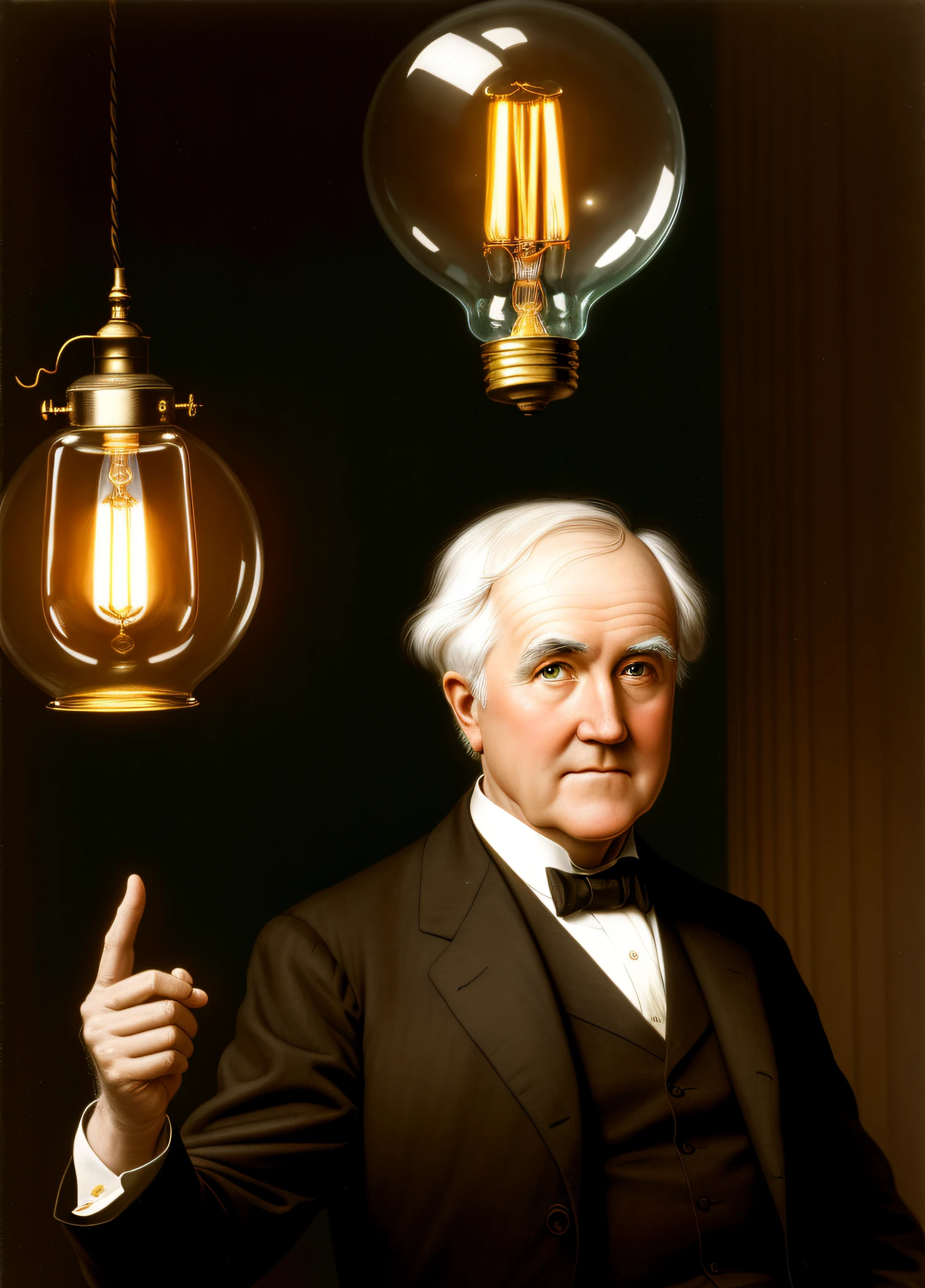 inventor of the lamp, Thomas Edison, Portrait, looking at the lamp lit in his hand, look confident