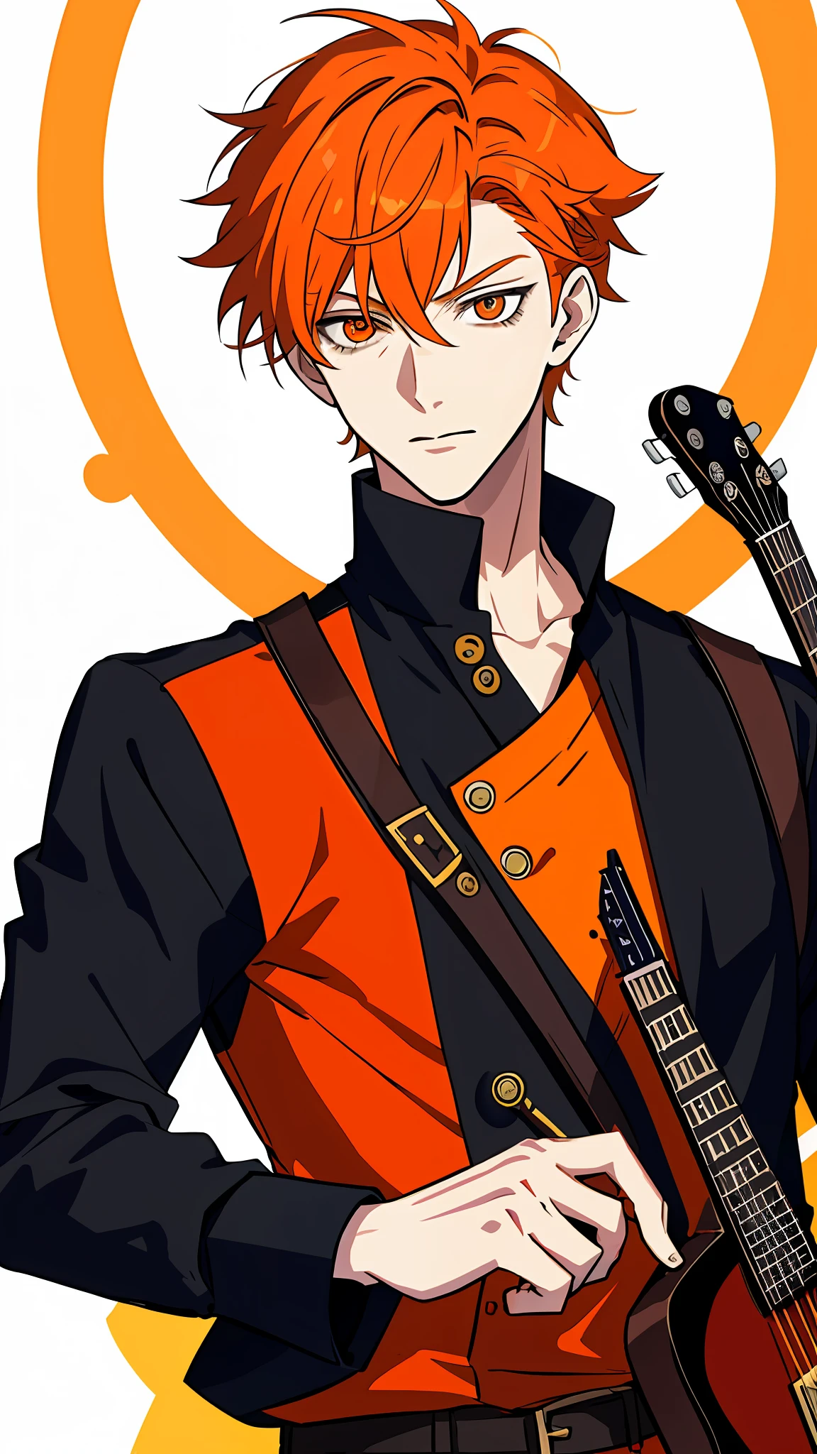 There is a drawing of a man with orange hair and a guitar, cute face in Demon Slayer art, orange - Boy anime hair, Given anime fanart, delicate androgynous prince, colorful sketch, high quality colorful sketch, anime style portrait, high quality fanart, anime portrait of a handsome man, , handsome androgynous prince, ✏️🎨 exquisite highly detailed fanart