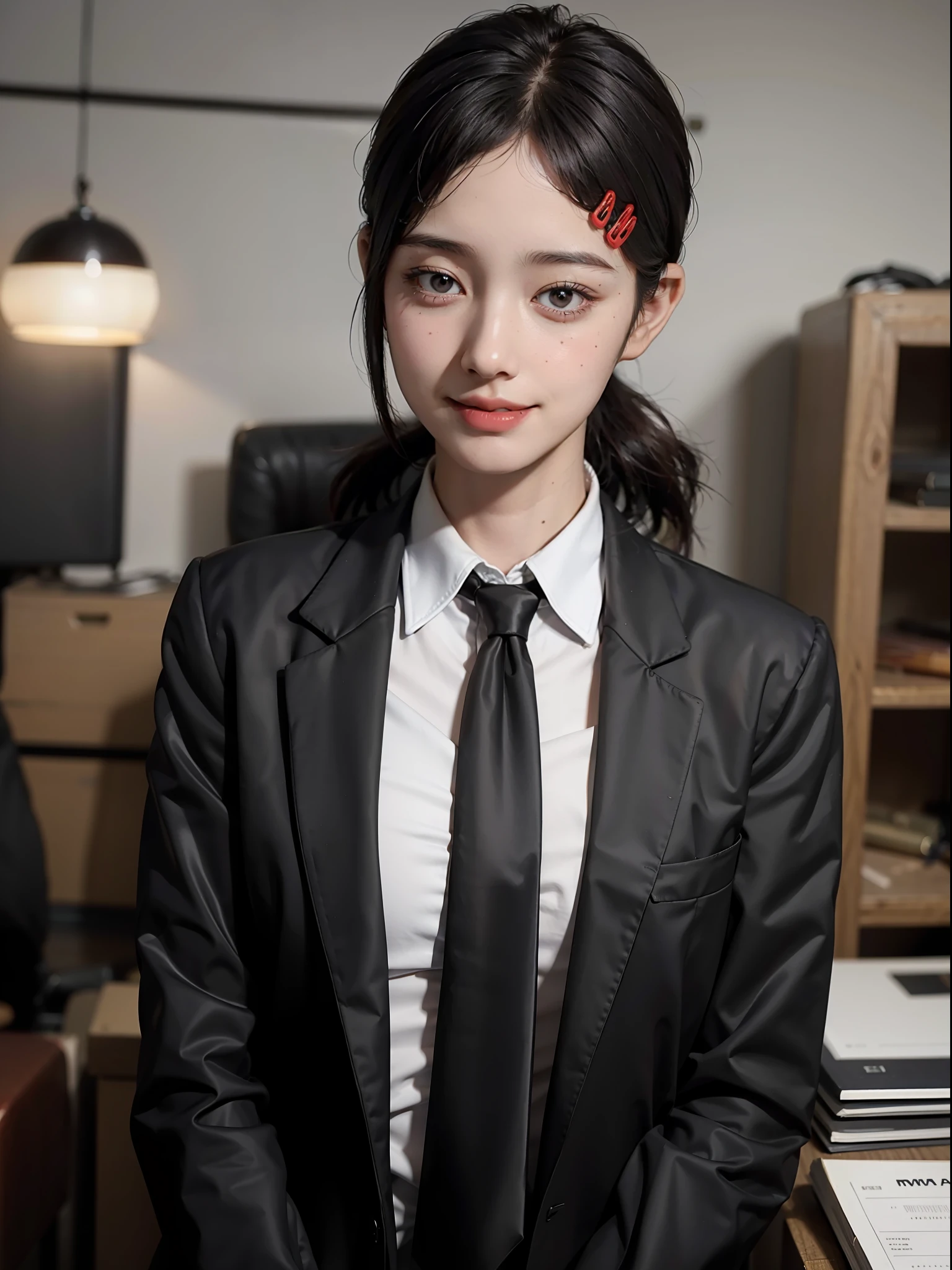 1girl, waist up, light smile, shiny skin
Best quality, masterpiece, (photorealistic: 1.4), dressed in black office clothes, jacket and tie