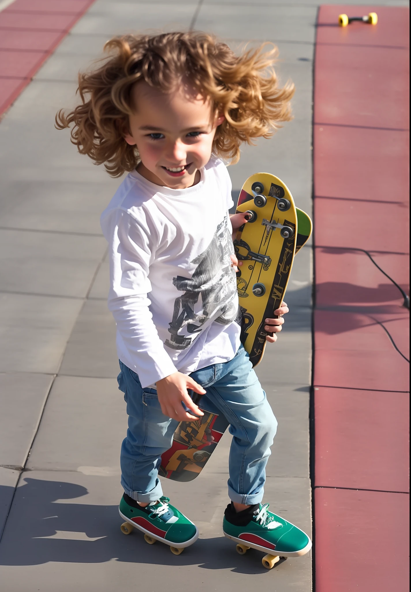 There's a boy, blonde hair who's holding a skateboard, on a street, having fun in the sun, realistic, a city in the background