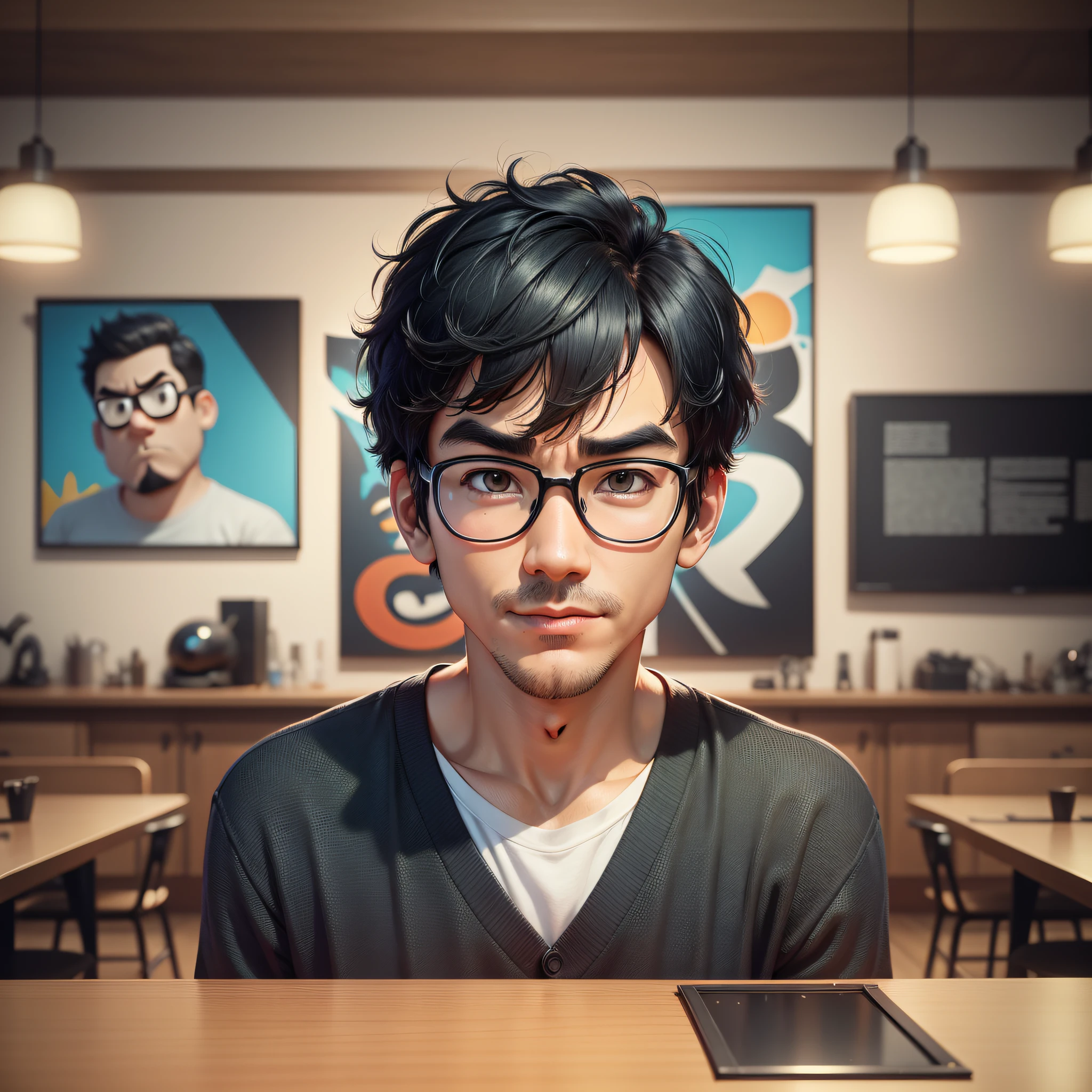 (Pixar 1.23 style) 1 Comedian ((upper body front, bust shot)), solo, funny man, black hair, short haircut, comical expression, neat casual clothes, Korean, indoor, ((masterpiece, highest quality)), (composite lighting)