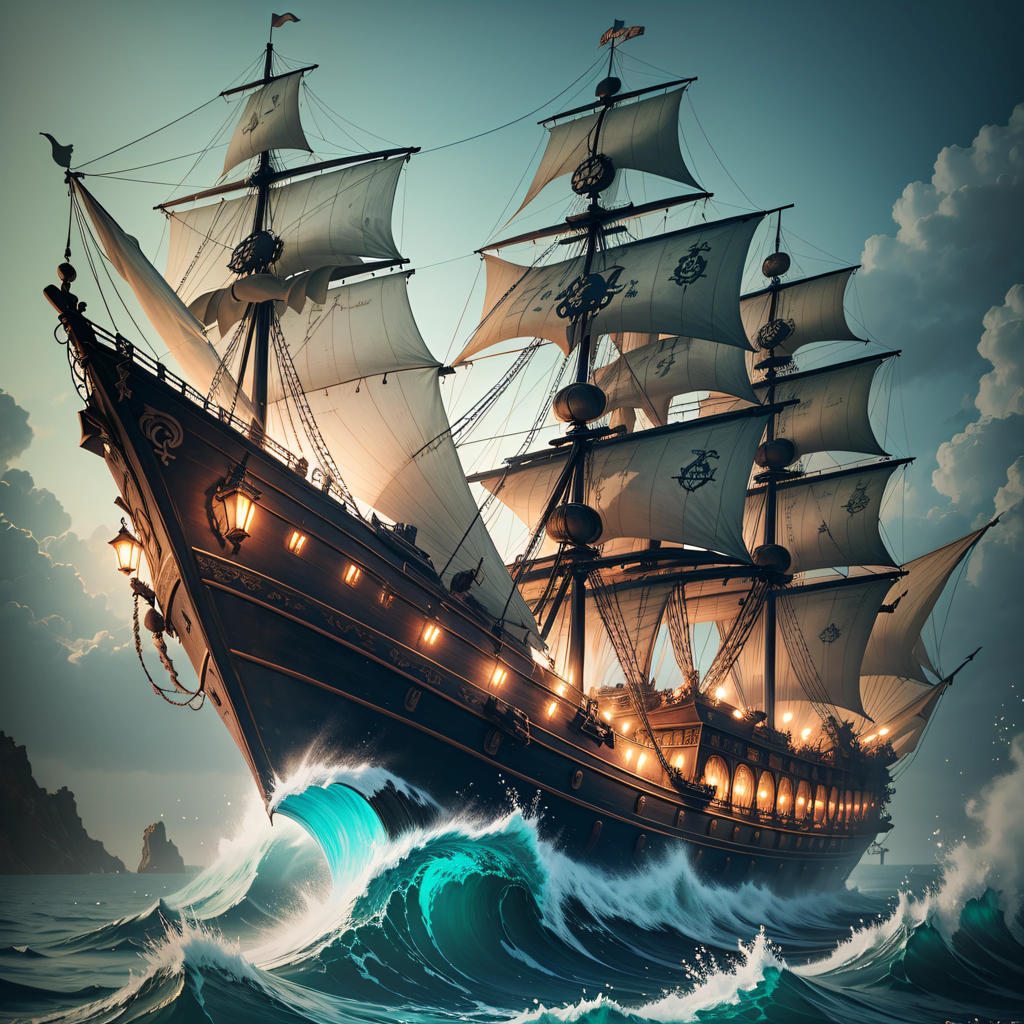 Generate a realistic image of a pirate ship covered in vegetation, situated in the middle of the ocean. The ship should have a dark and eerie atmosphere, with intricate details throughout. Capture the essence of a hauntingly beautiful scene, where nature and the sea intertwine." --auto --s2