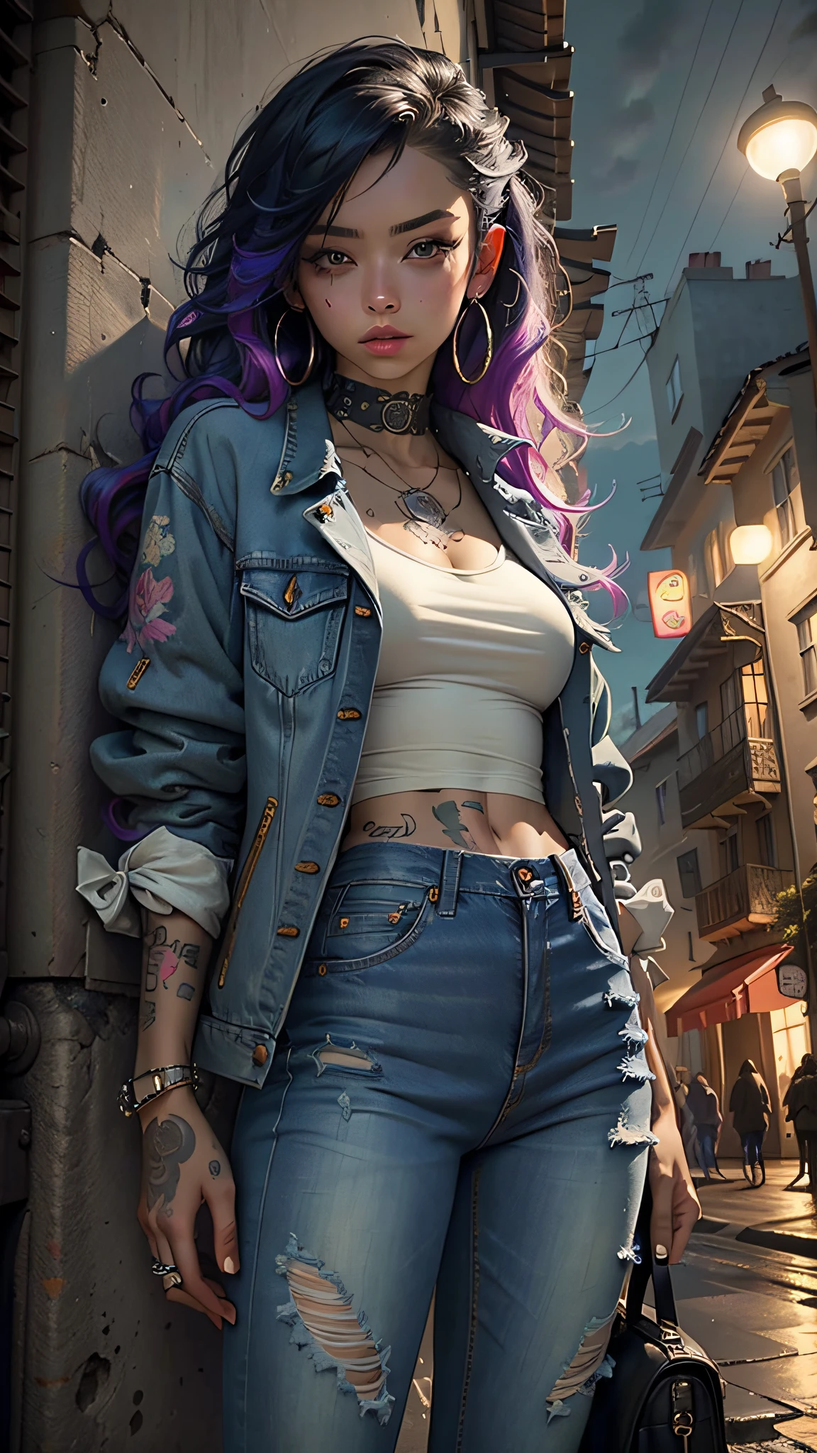 (masterpiece, best quality), 1girl, emo, beautiful hair, colorful hair, intricate jacket, jeans, magical tattoos, perfect night, moonlight, street