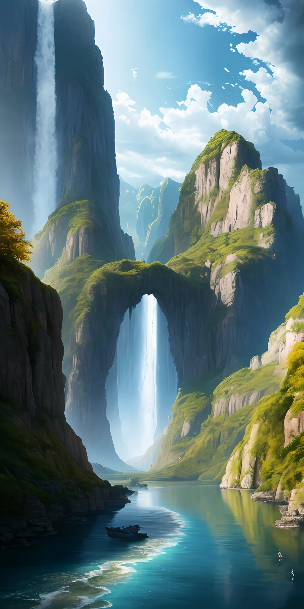 Masterpiece, Top quality, High quality, Highly detailed CG unity 8k wallpaper, Scenery, Outdoors, Sky, Clouds, Sun, No people, Mountains, Scenery, Water, Trees, Blue sky, Waterfalls, Cliffs, Nature, Lakes, Rivers , cloudy sky, award-winning photography, bokeh, depth of field, HDR, bloom, chromatic aberration, photorealistic, highly detailed, artstation trend, CGsociety trend, complex, high detail, dramatic, on the road art
