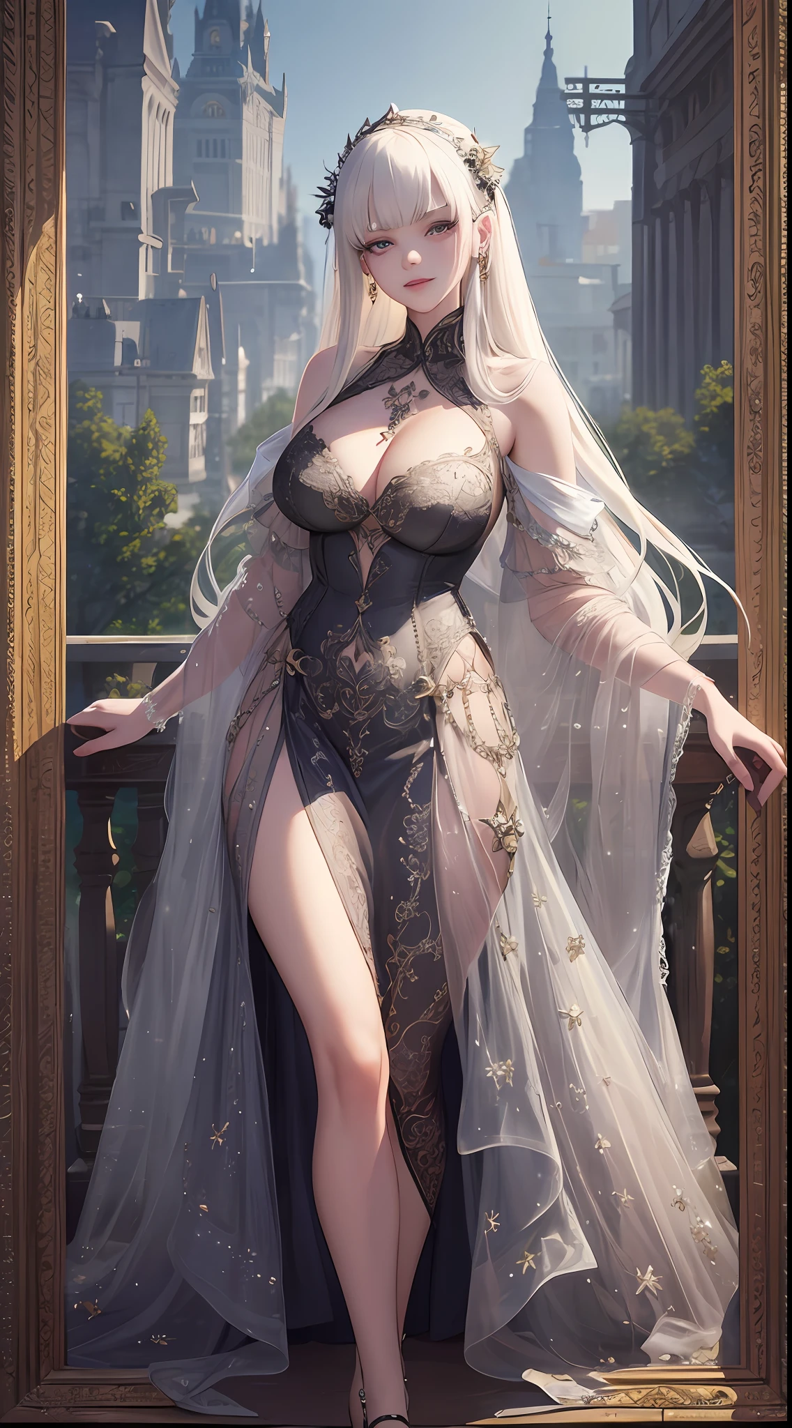 masterpiece, detailed illustration, top quality, exquisite, anime style, disfigured, mostly big chest hottie beautiful albino girl, 20 years old, full body, side shot, piercings all over, detailed tattoos all over, crystal dress, gentle smile, depth of field, pixiv, oil painting, high quality, 8K, elaborate, unreal engine 5, ornate, super detailed, edge lighting, highly detailed, fine detail