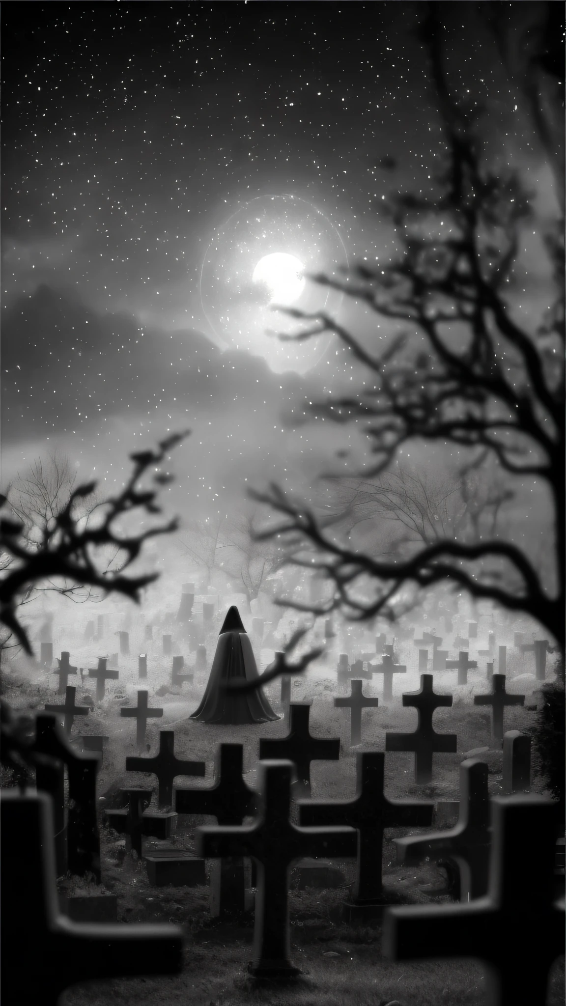 a black and white photo of a person standing in a cemetery, dark graveyard scene, in a graveyard, at the graveyard at midnight, sitting in a cemetery at night, goddess of death in a graveyard, in the middle of a graveyard, ghostly silhouettes, beautiful with eerie vibes, eerie, haunting and spooky, creepy!!, southern gothic art, spiritual eerie creepy picture