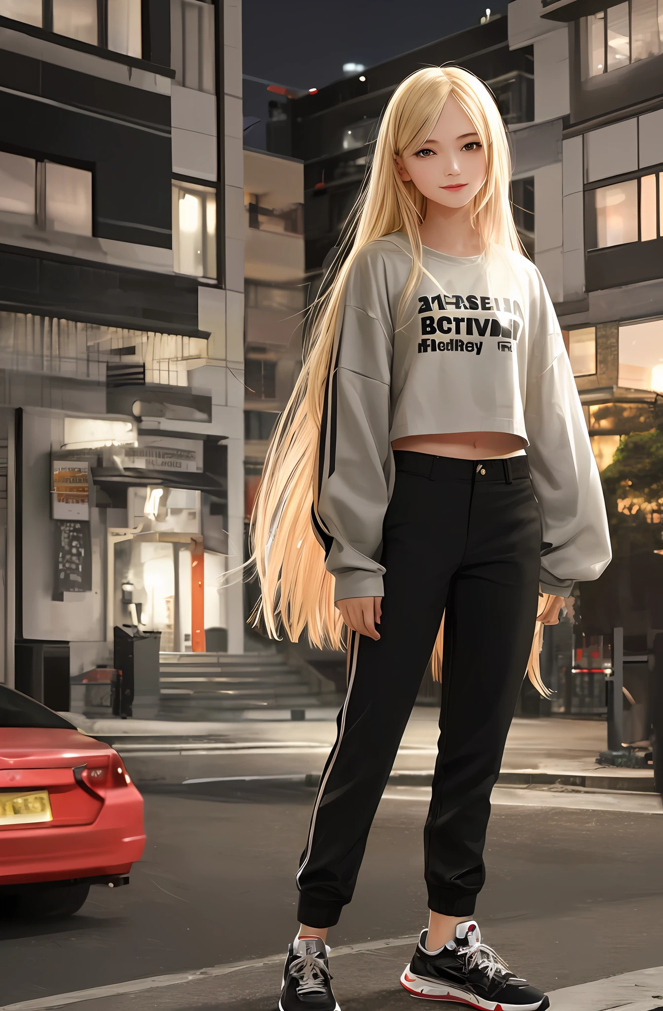 Midnight residential area, top quality, masterpiece, super high resolution, photorealistic, girl, college student, semi long hair, smile, straight, perfect body, beautiful face, body, tyndall effect, photorealistic, pants, cropped, sneakers, sleeve, night, blonde, blonde girl, black eyes,