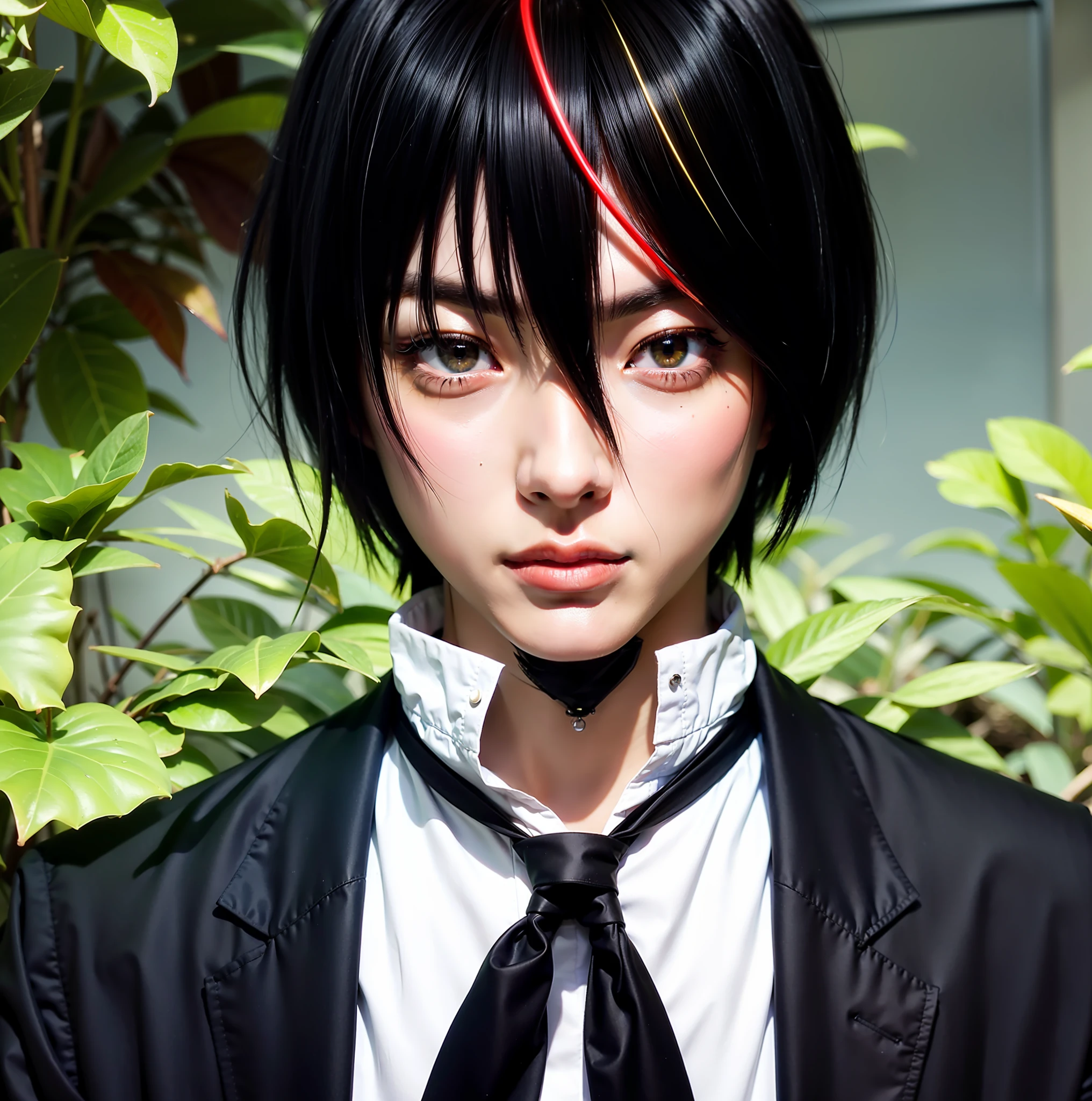 Male character from That Time I got reincarnated as a slime, Diablo, (primordial demon), over 25 years old, with black pupil, yellow iris, black sclera (dark/demon eyes), smiling, happy face, yet threatening, black short hair (red line and yellowish in the front), black dress, with white shirt and black tie (suit), (8k UHD, dslr, soft lighting, high quality, film grain, Fujifilm masterpiece, best quality)