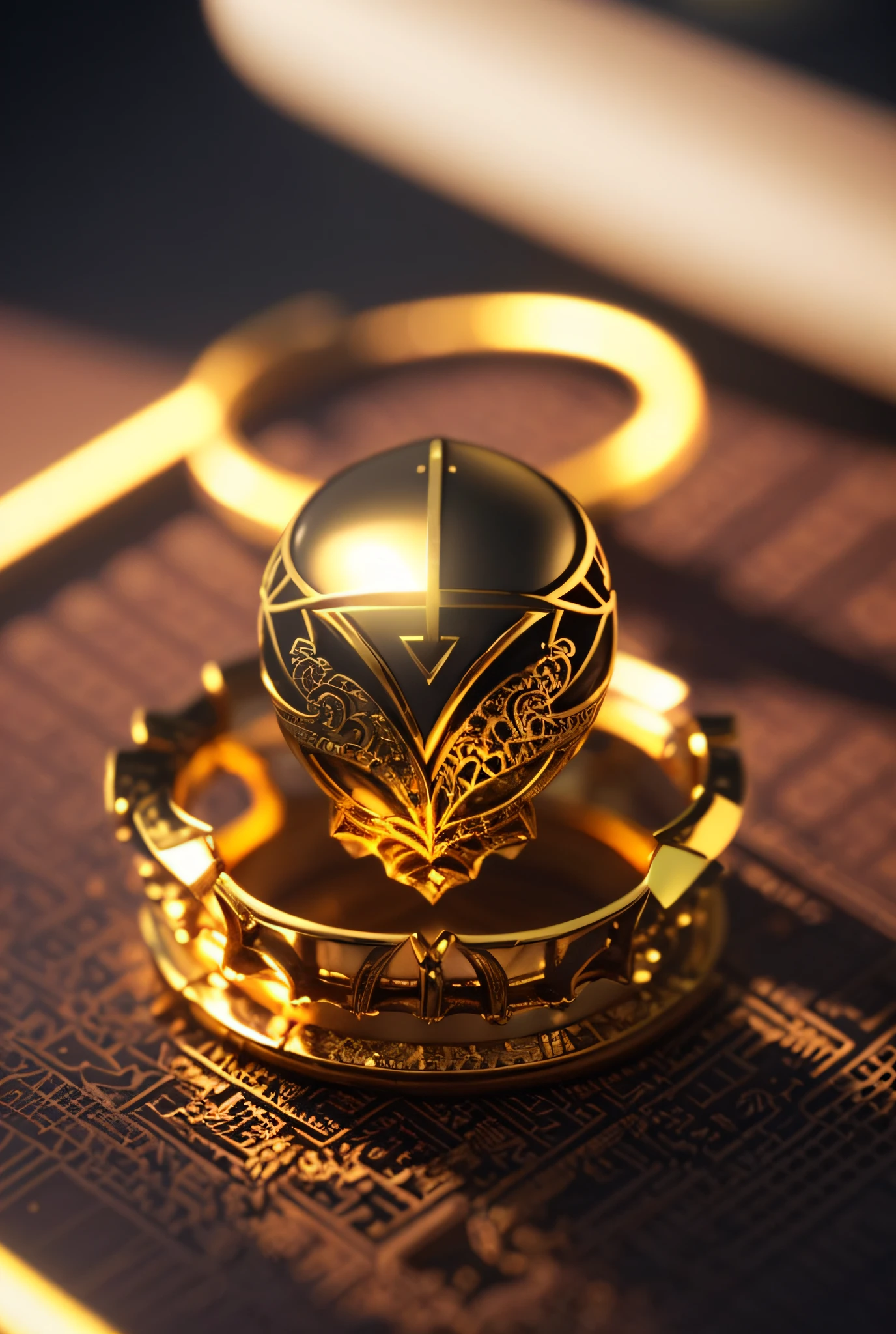 there is a gold ring with a black and white design on it, close up shot of an amulet, jewelry engraved in scarab, 8k hd wallpaperjpeg artifact, 8 k hd wallpaperjpeg artifact, gold crown and filaments, intricate gold elements, luxurious ornate golden jewelry, rendered in keyshot, elden ring inspired