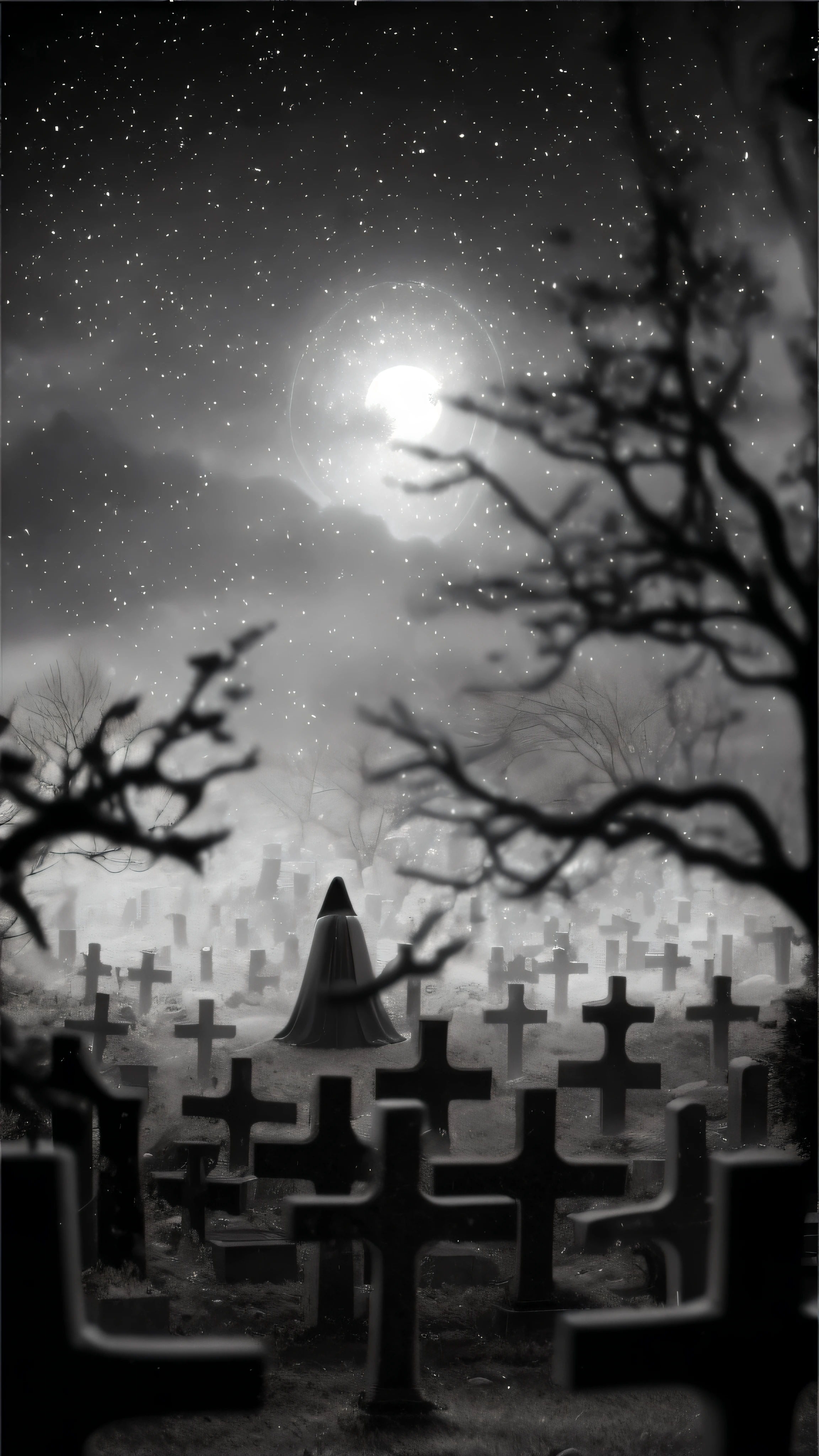 a black and white photo of a person standing in a cemetery, dark graveyard scene, in a graveyard, at the graveyard at midnight, sitting in a cemetery at night, goddess of death in a graveyard, in the middle of a graveyard, ghostly silhouettes, beautiful with eerie vibes, eerie, haunting and spooky, creepy!!, southern gothic art, spiritual eerie creepy picture