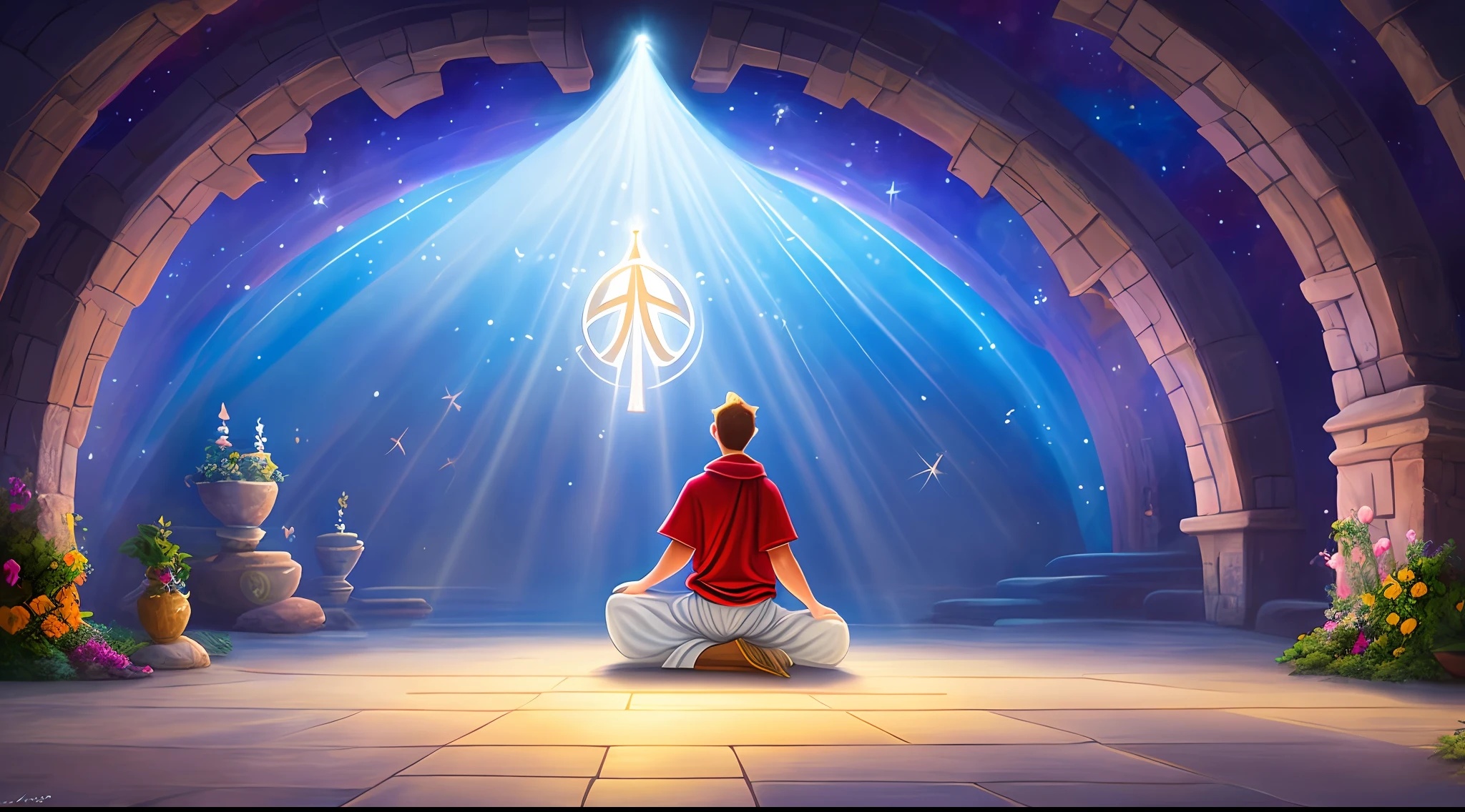 Original art quality, full body image, Disney character animation style, person kneeling in prayer, with hands raised to heaven, expressing gratitude and worship to God. The surrounding environment is illuminated with a soft light, conveying a sense of peace and spiritual connection