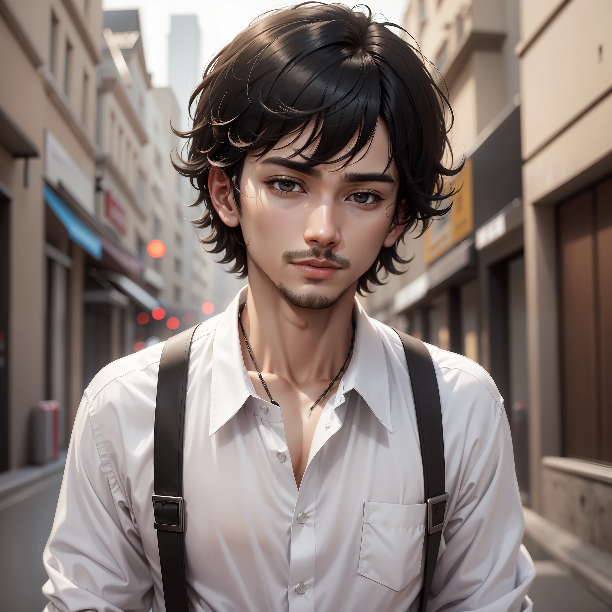 A man, short hair, black hair, white button-down shirt, black eyes