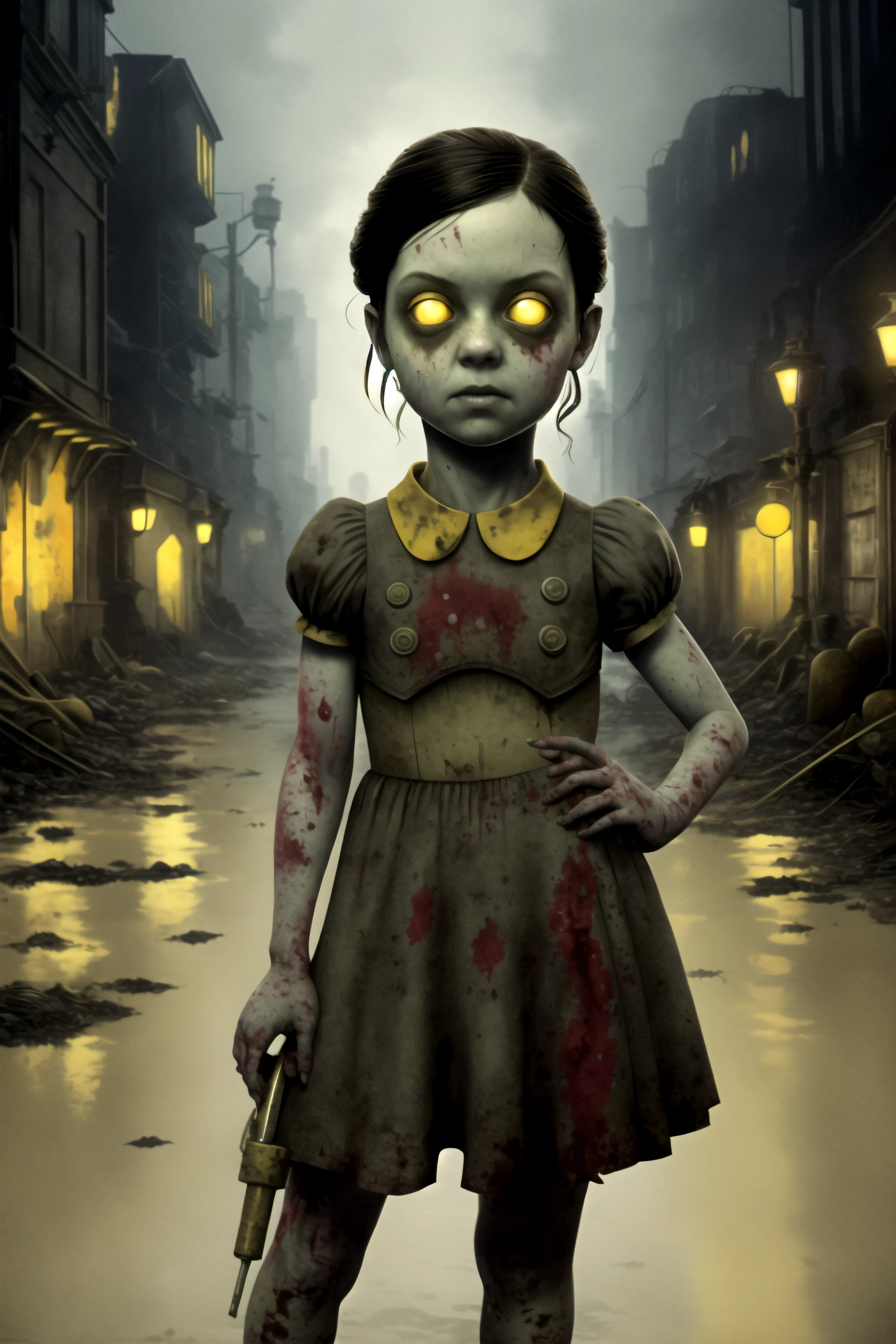 masterpiece, best quality, 1girl, lilsis, hands on hips, dirty, blood, muddy dress, black hair, dress, horror \(theme\), solo, yellow eyes, dark, yellow sclera, glowing eyes, creepy, underwater city background