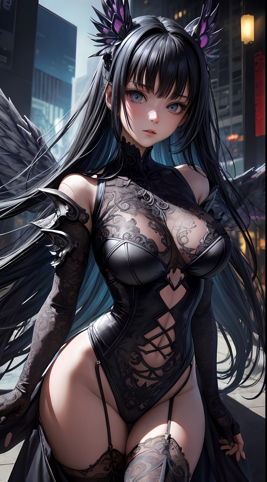 Nsfw, {{{{2girls}}}, {{hyper photo realistic}}, {hyper cute anime face}, {{masterpiece}}, {{superfine illustrations}}, {{hyper detailed very colorful hair}}, {{hyper detailed shape skin}}, {{detailed elaborately patterned beautiful eyes}}, {{hyper detailed cyberpunk colorful frill body dress}},{{Elaborately patterned mechanical wings}}, {{symmetrical reflection}}, ((slim waist)), }, cinematic angle, cinematic lighting, soft lens flare, depth of field, {{{hyper beautiful detailed cyberpunk city landscape}}}, {foggy}, {{Shining halo}},