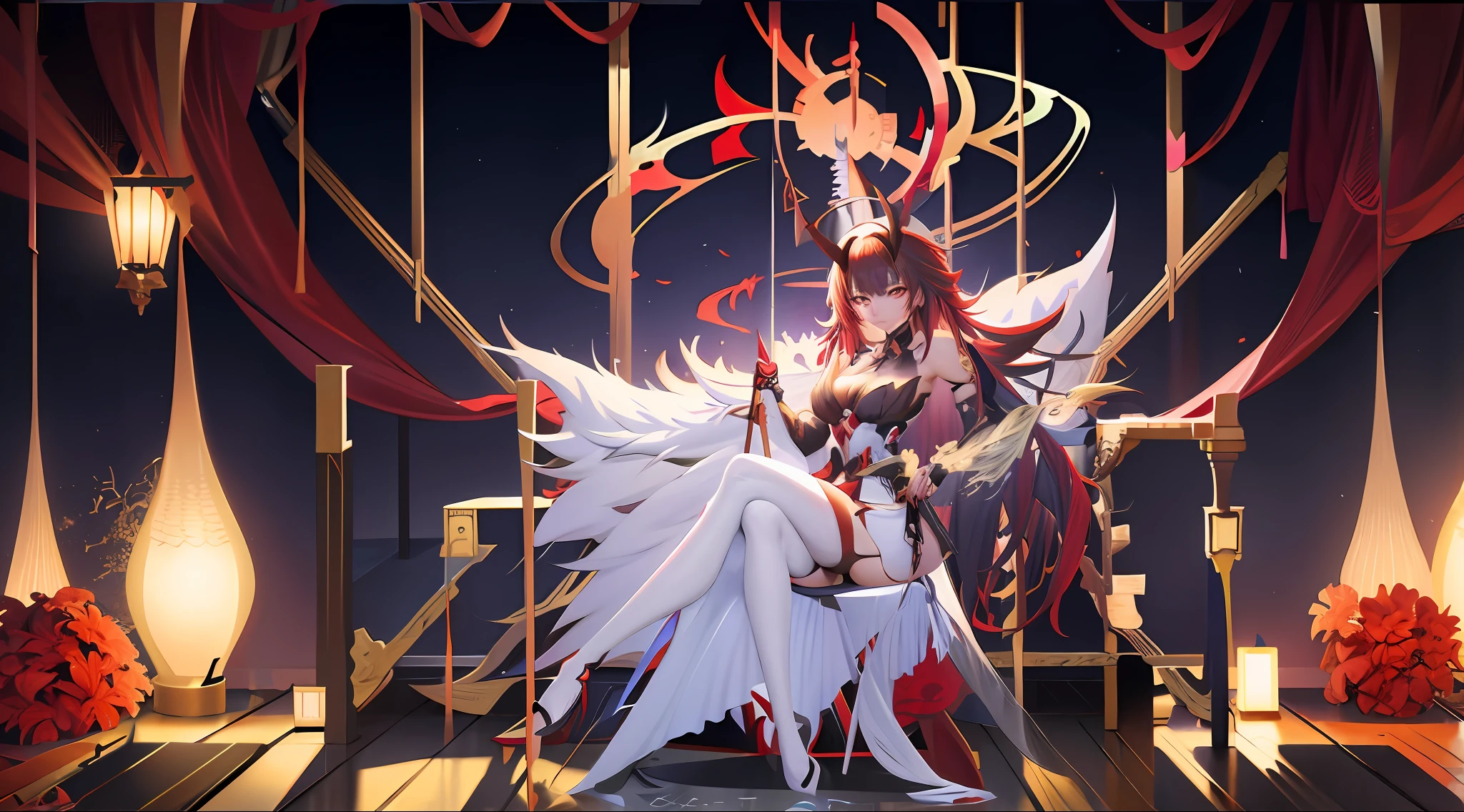 anime - style scene of a woman on a horse with a sword, rias gremory, from arknights, ''wallpaper of a phoenix resting, 8k high quality detailed art, trending on artstation pixiv, best anime 4k konachan wallpaper, onmyoji detailed art, trending on cgstation, white horns queen demon, anime art wallpaper 8 k --auto --s2