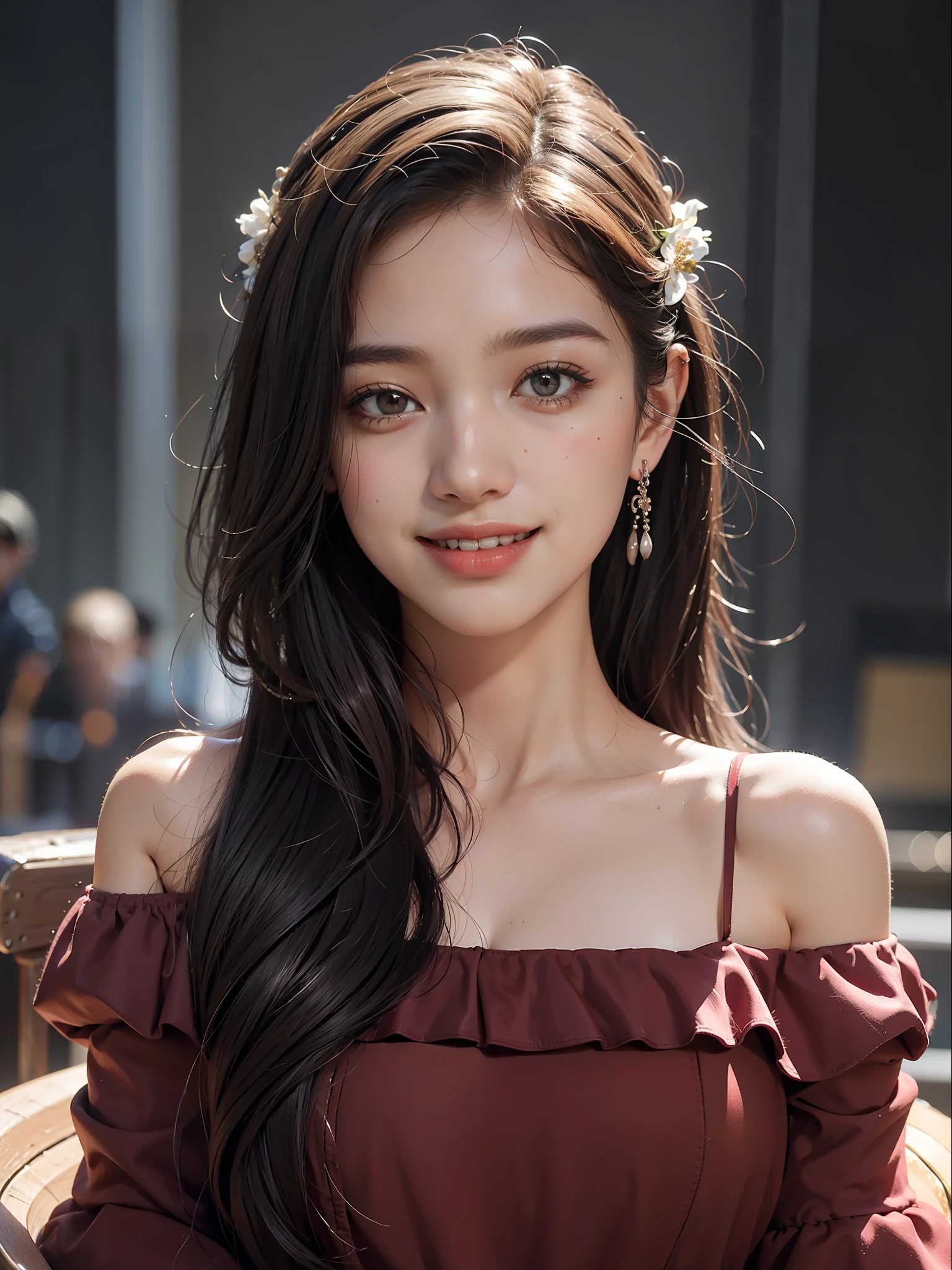 best quality, masterpiece, ultra high res, photorealistic, 1girl, offshoulder, smile