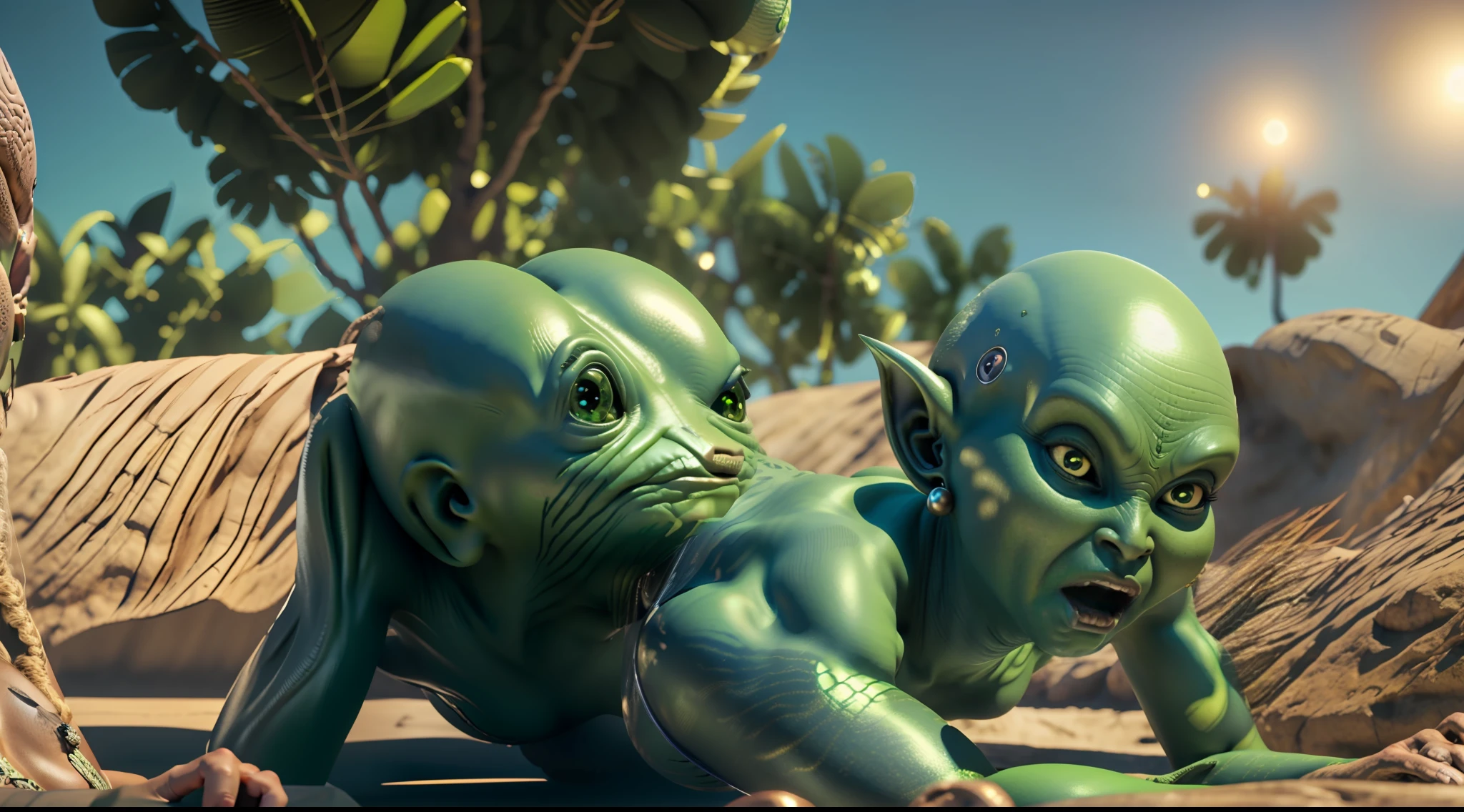 1alien, big boobs, bald, piercing eyes, pointed ears, protruding mouth, green skin, scale, 4k ultra definition, super realistic, full body,bikini