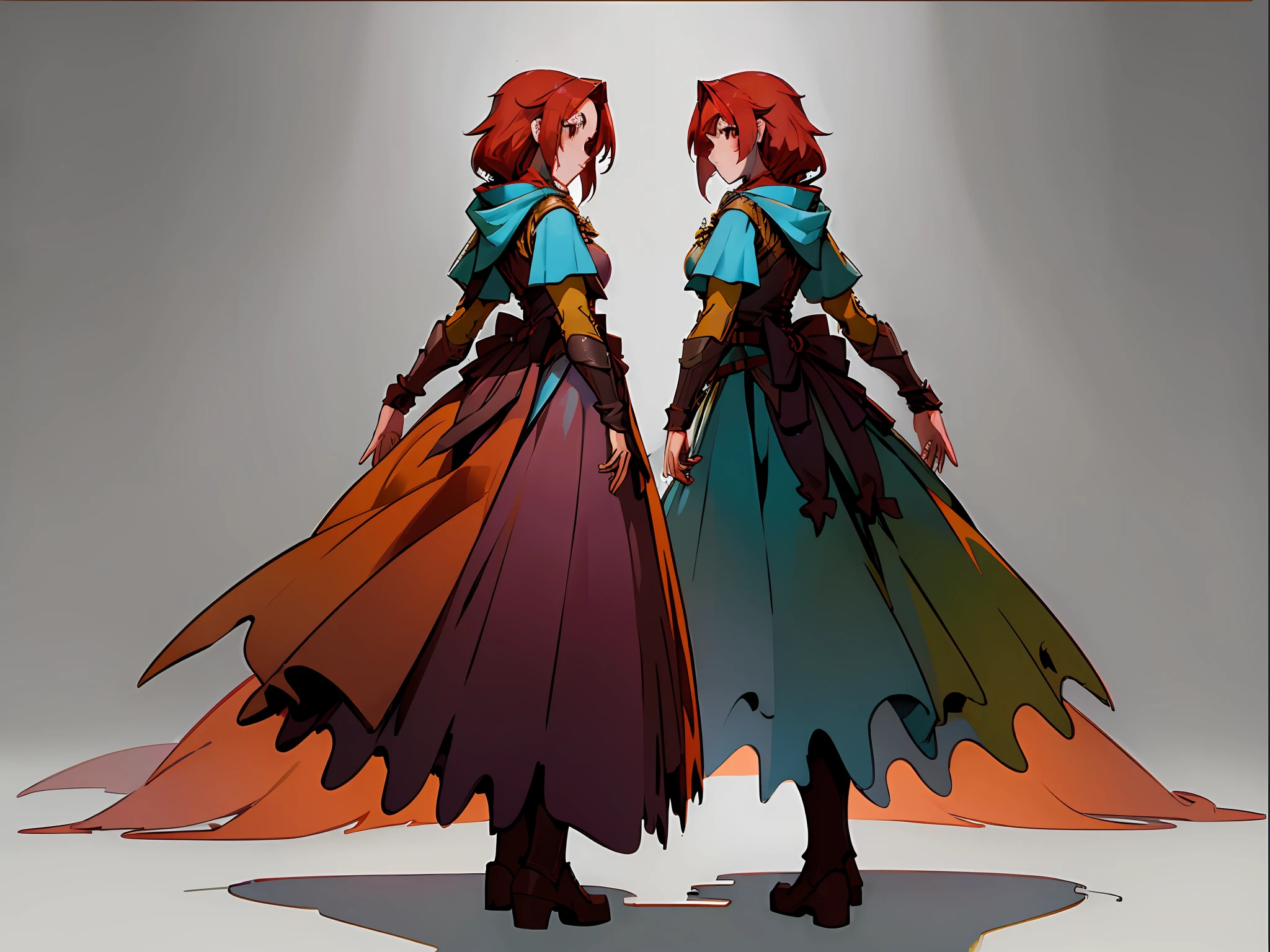 ((masterpiece)),(((best quality))),((character design sheet,same character,front,side,back)),illustration,1 girl,long braid, red hair,beautiful eyes,environment Scene change, pose too, female princess, Knight Armor and sword, glowing hood, poncho with colorful adornments, charturnbetalora, (simple background, white background: 1.3)